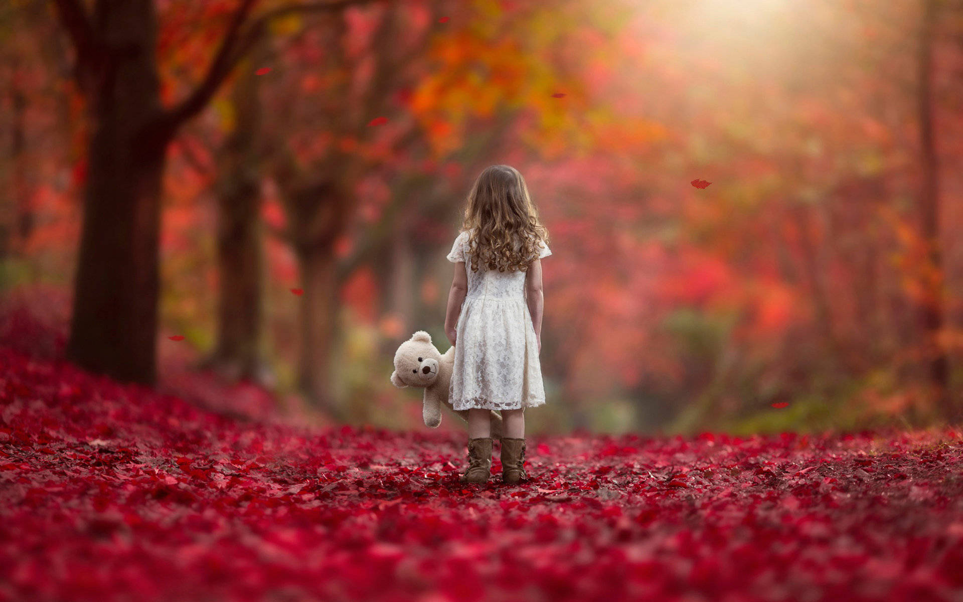 girl child, white dress, red autumn leaves, Full HD Desktop Wallpaper