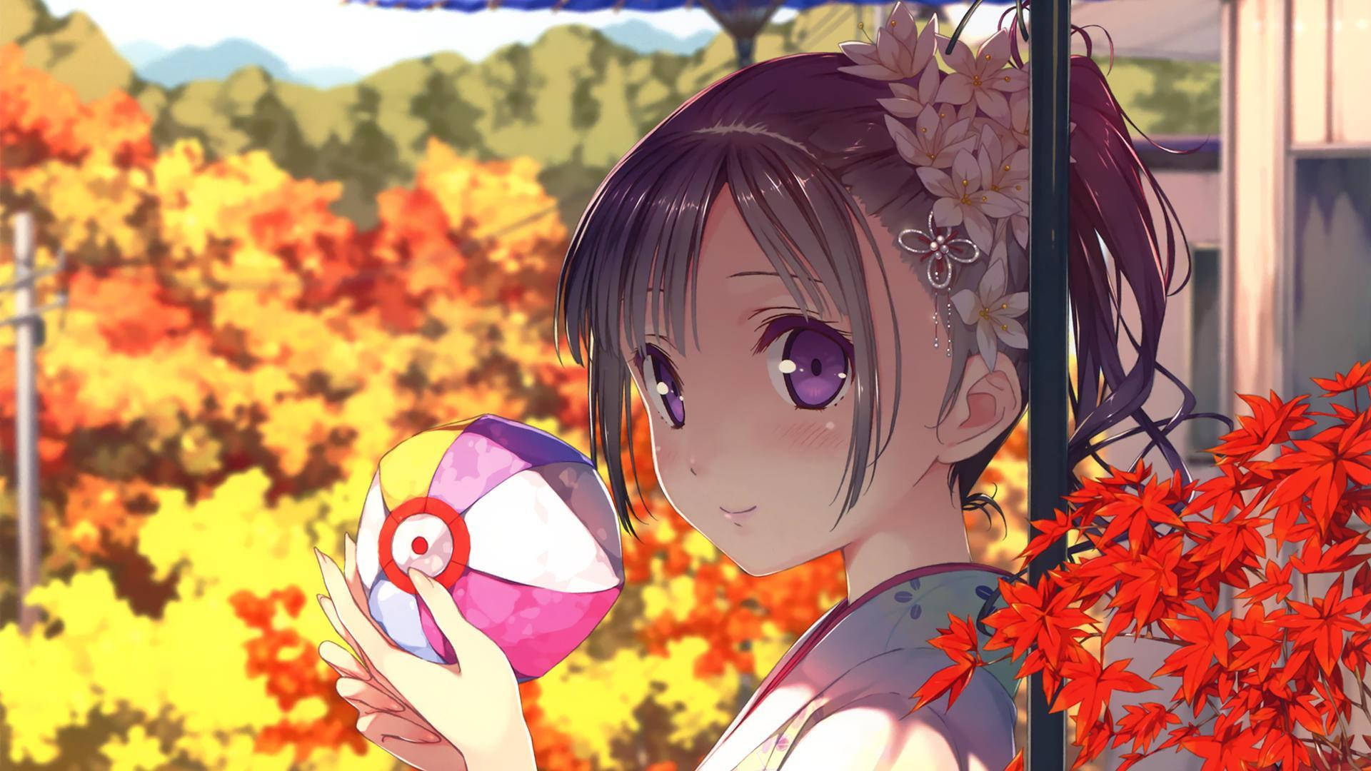 kawaii anime girl, autumn leaves, purple eyes, Full HD Desktop Wallpaper