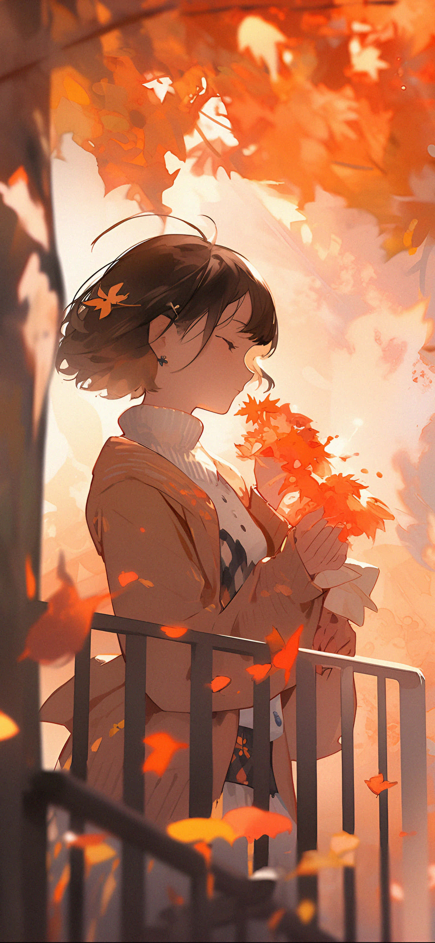 autumn mood girl illustration, brown coat, balcony, 2K Phone Wallpaper