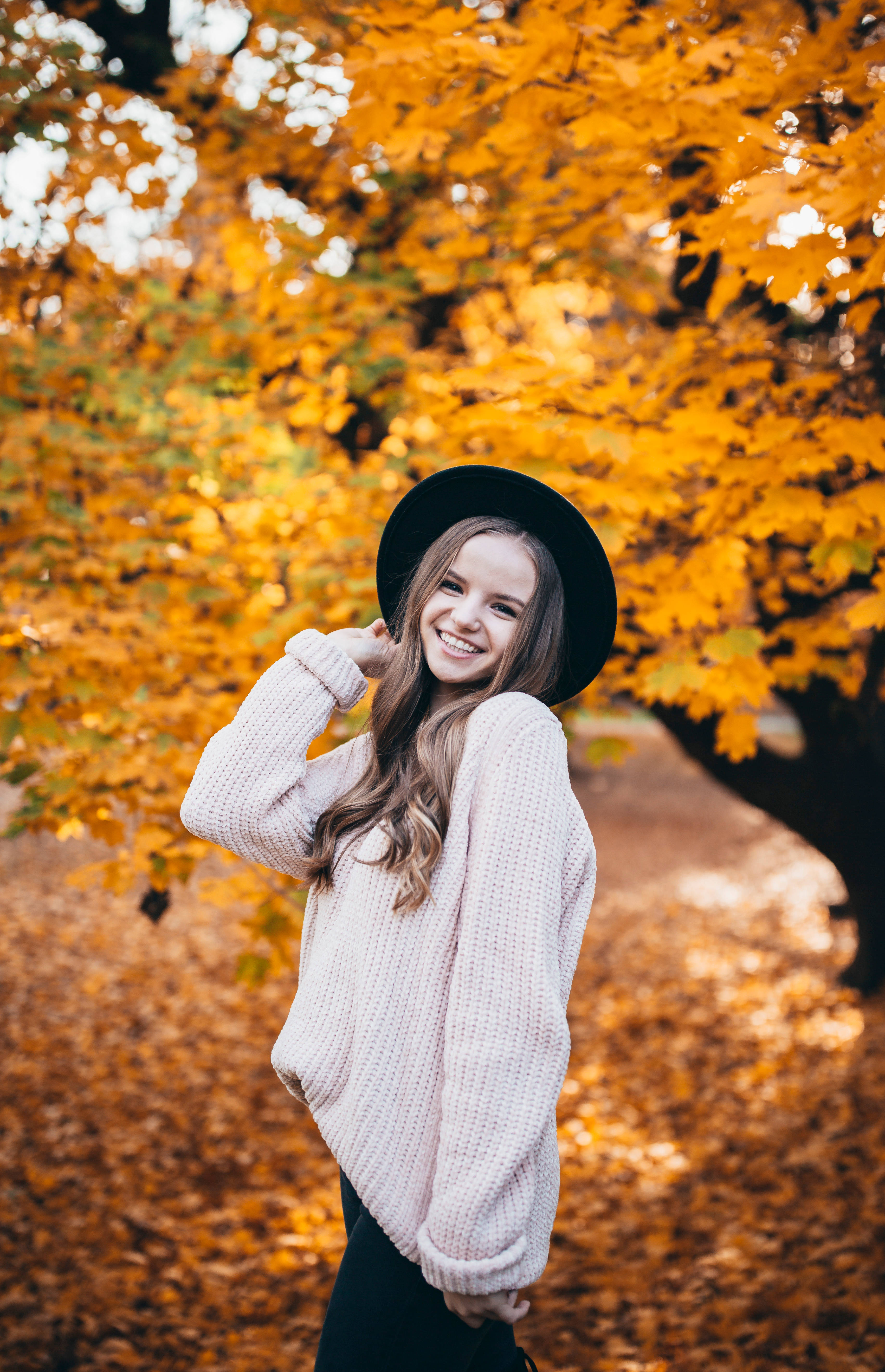 Teenage Girl, autumn tree, golden autumn leaves, 5K Phone Wallpaper