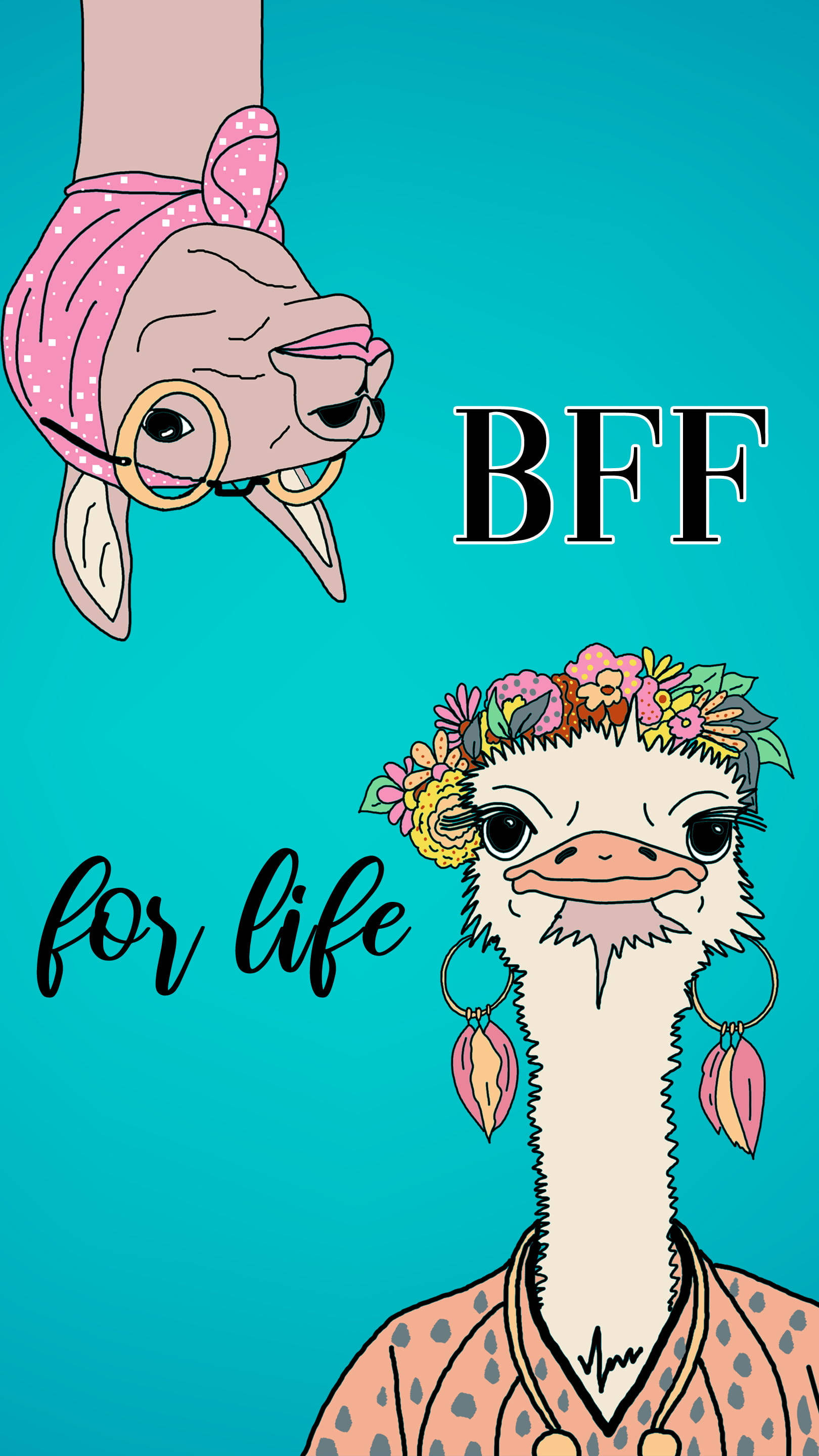 Animals Girly BFF For Life, cartoon ostriches, floral crowns, 2K Phone Wallpaper