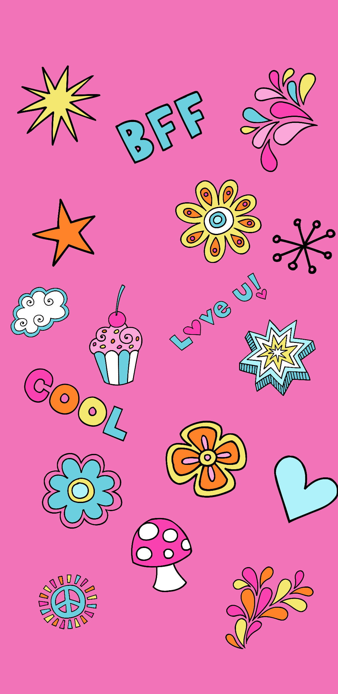 Vibrant pink background, colorful cartoon doodles, flowers, Full HD Phone Wallpaper