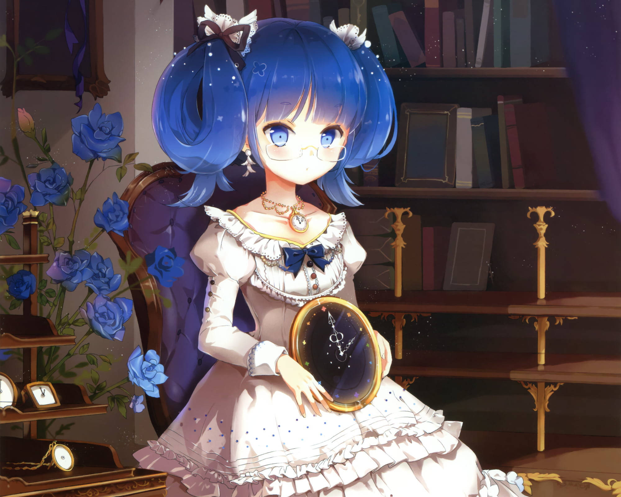 blue-haired anime girl, white dress, starry clock, Full HD Desktop Wallpaper