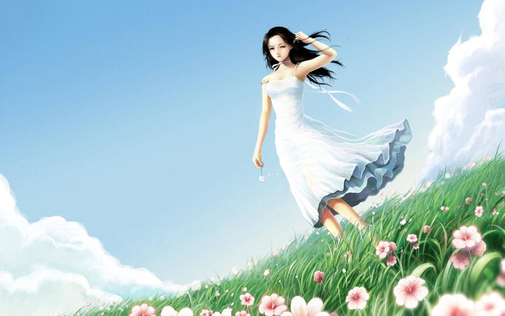 Girly Cartoon, white dress, pink flowers, Full HD Desktop Wallpaper
