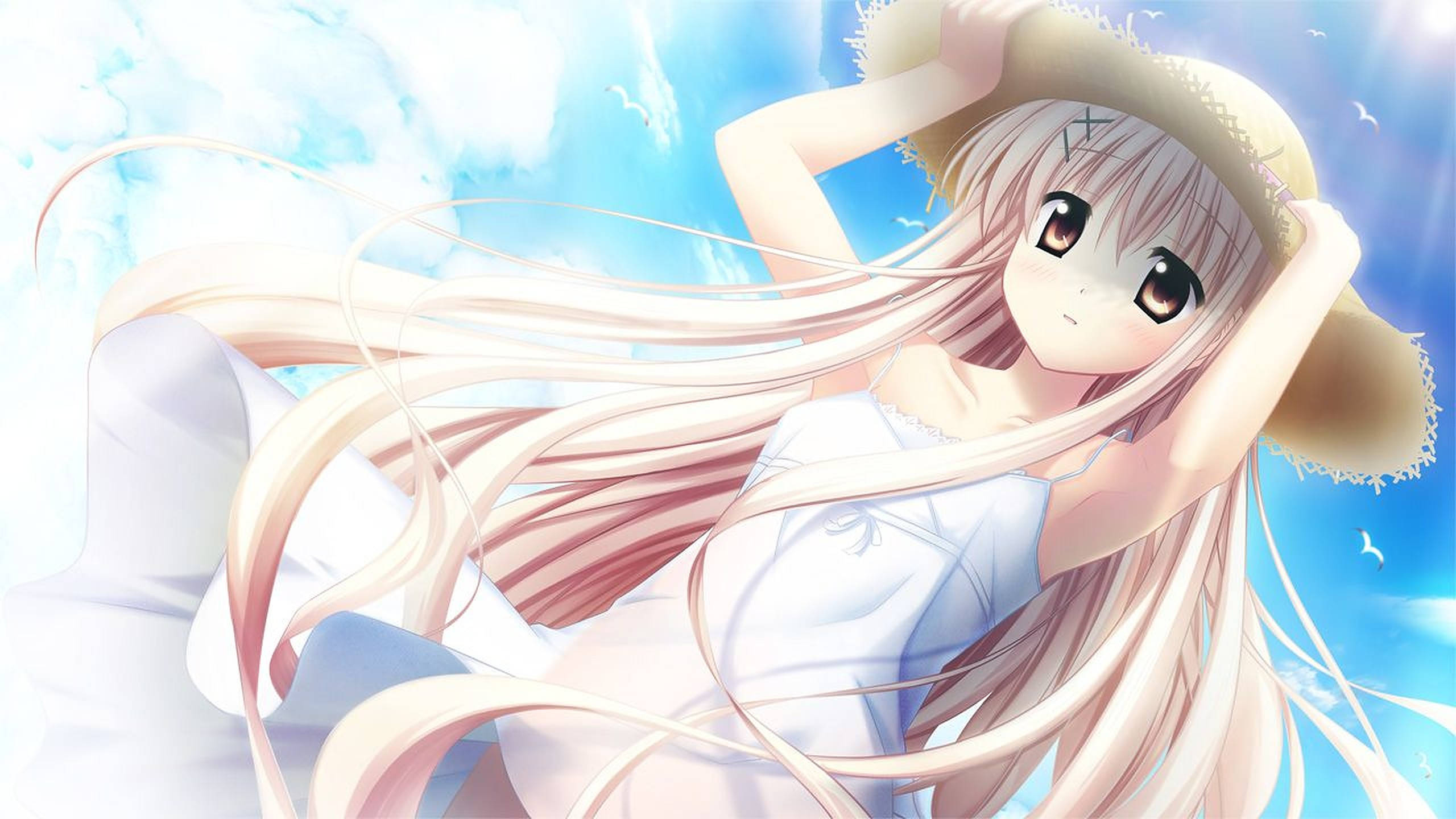 anime girl, long flowing hair, straw hat, 2K Desktop Wallpaper