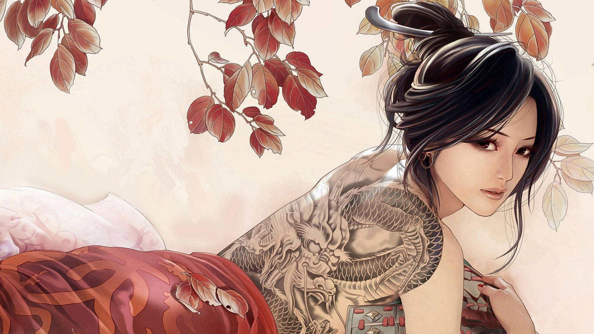 Girly Cartoon, anime woman, dragon tattoo, Full HD Desktop Wallpaper