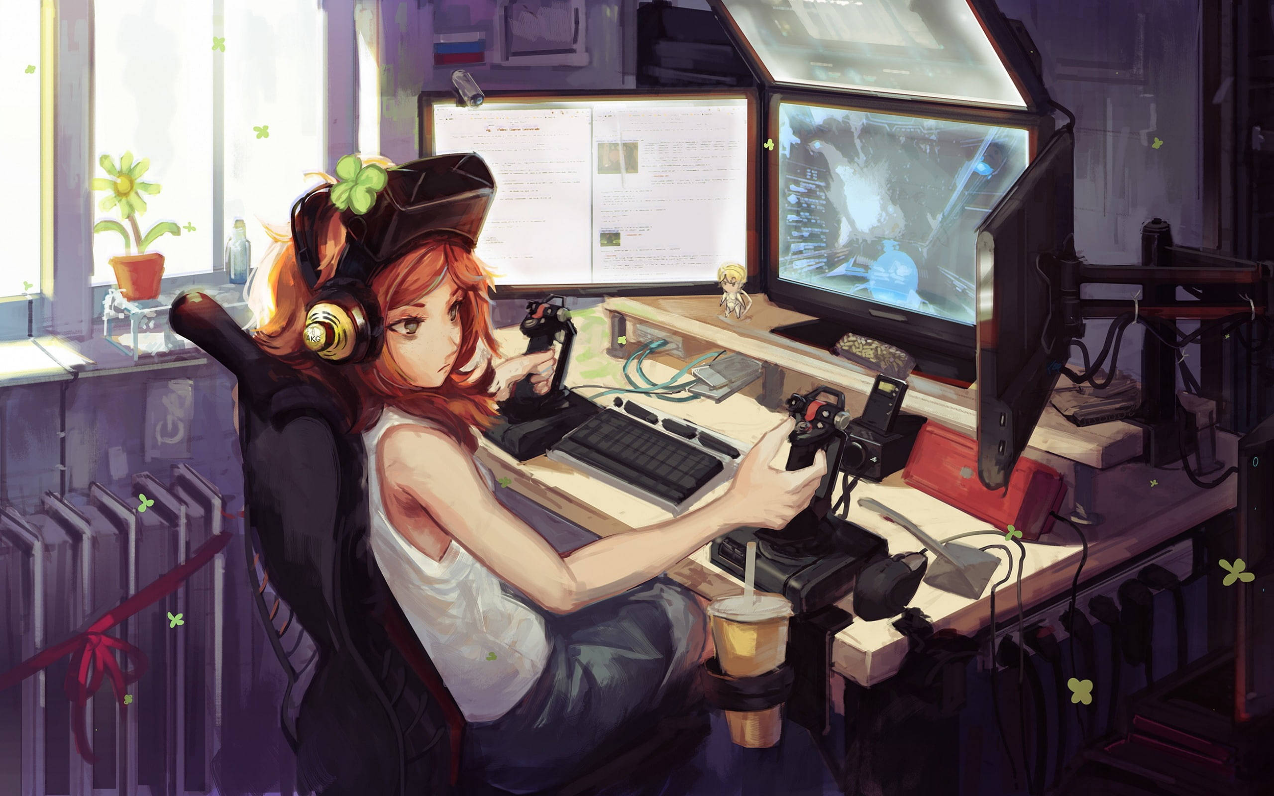 red-haired anime girl, cap, headphones, 2K Desktop Wallpaper