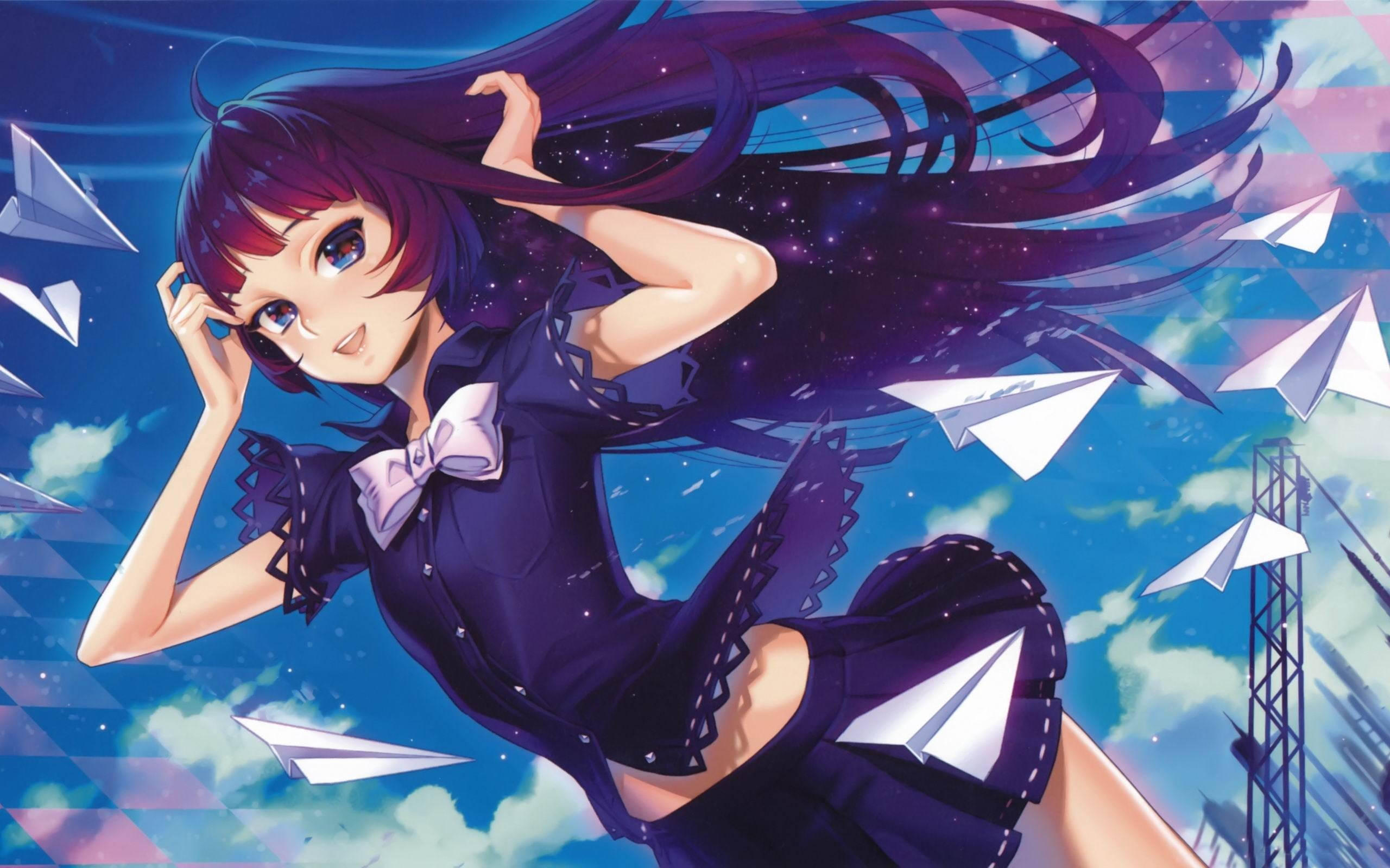 purple hair, dark dress, paper airplanes, 2K Desktop Wallpaper