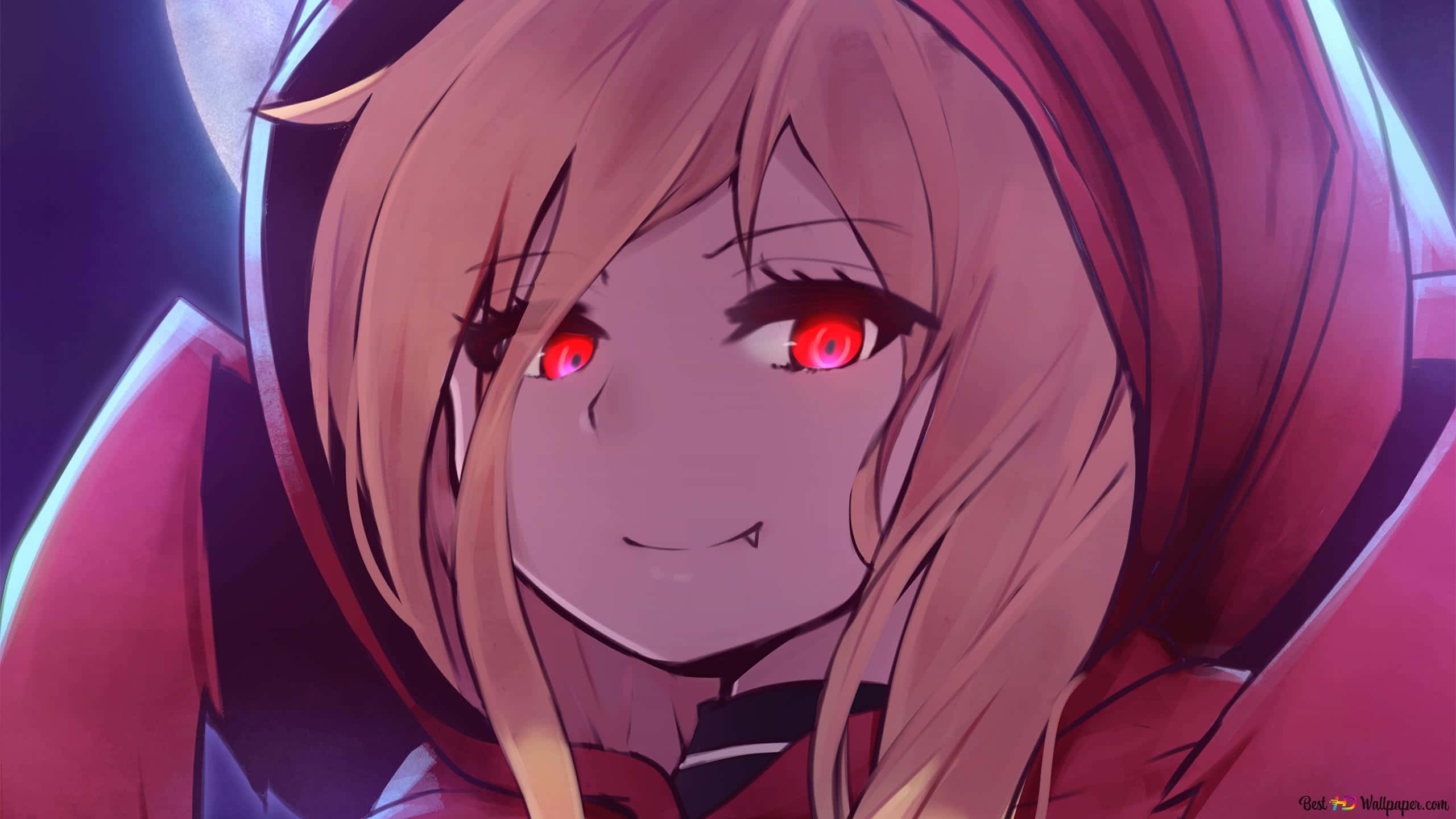 anime girl, glowing red eyes, subtle smile, 2K Desktop Wallpaper