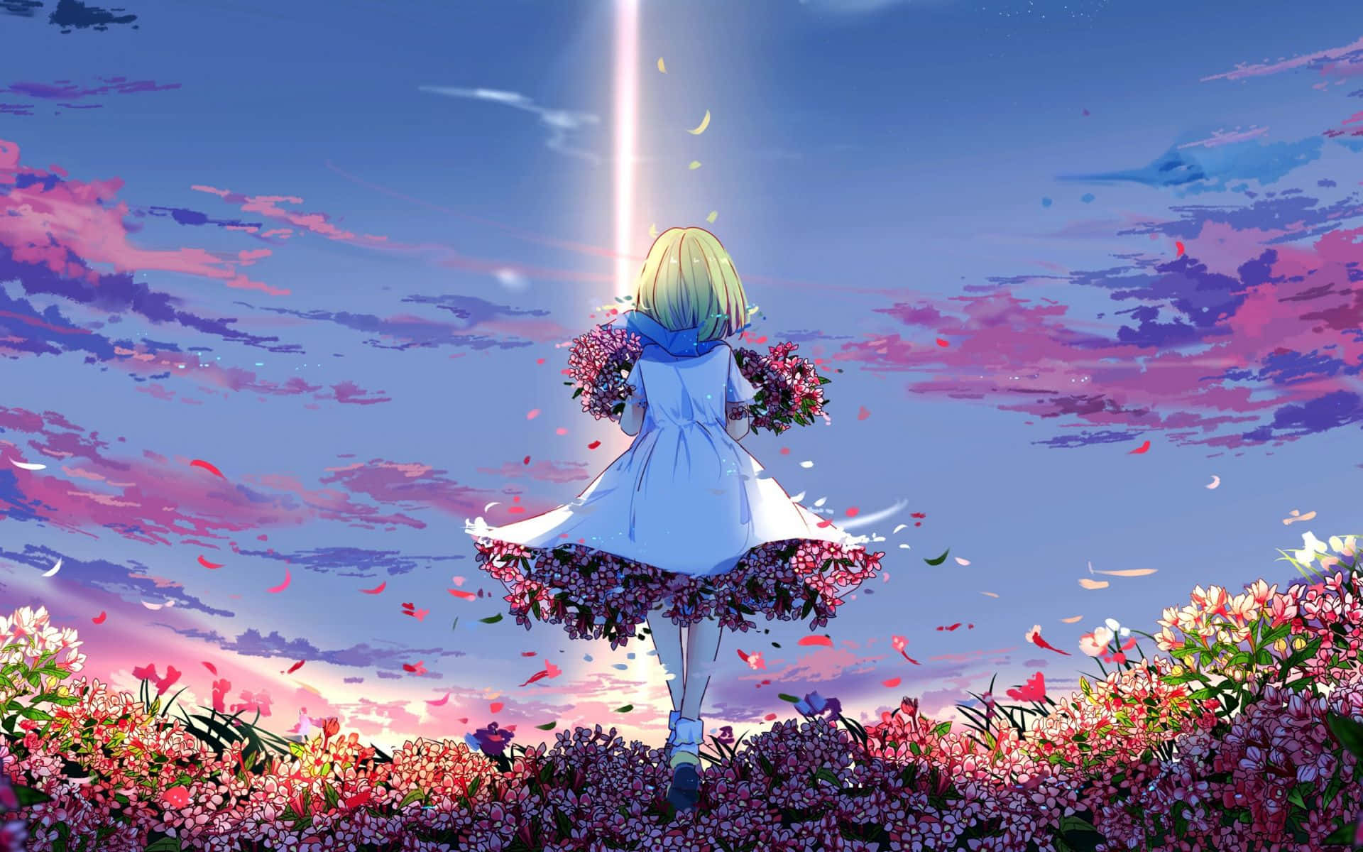 girly cute anime, blonde anime girl, white dress, Full HD Desktop Wallpaper