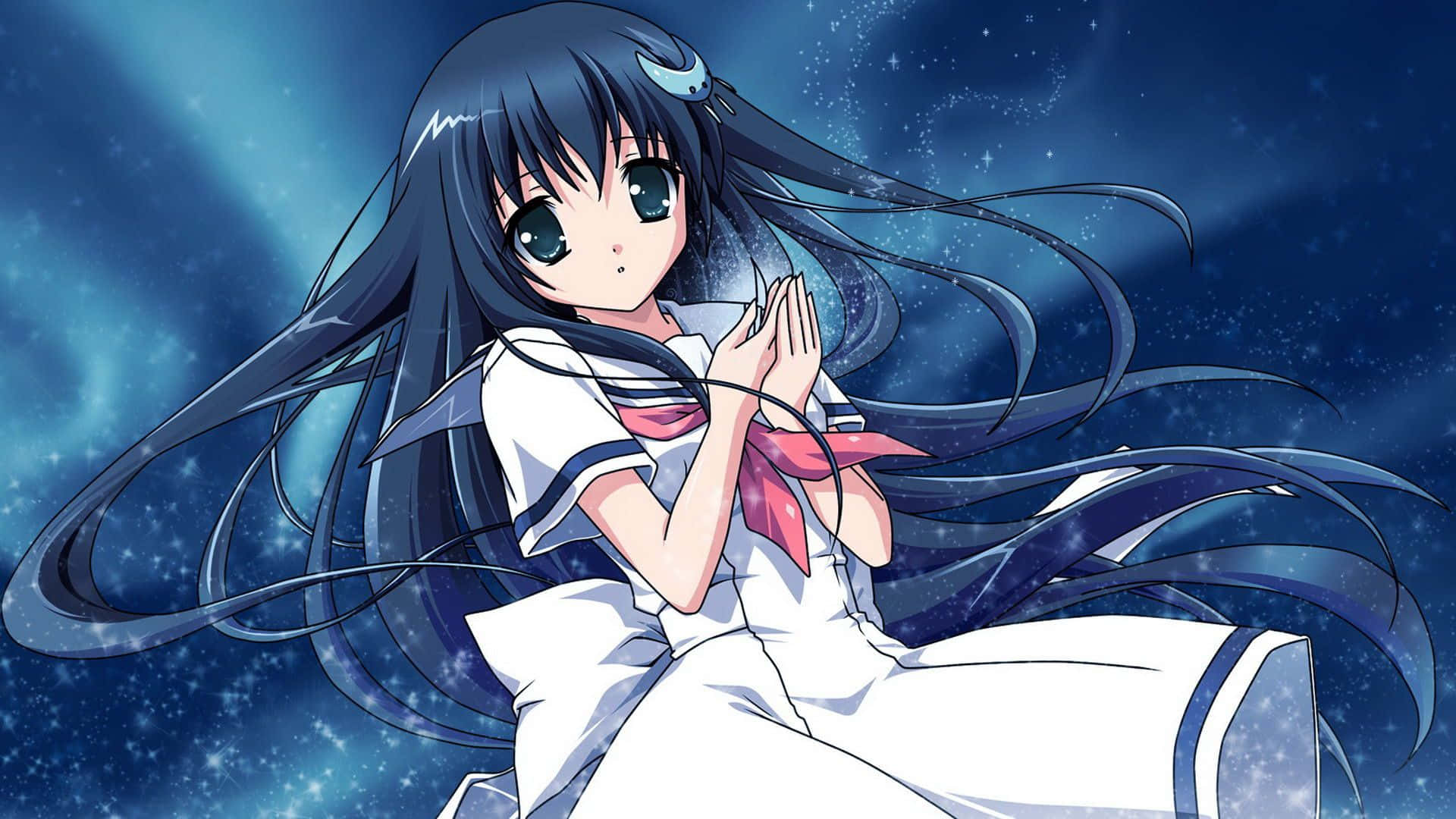 blue-haired anime girl, sailor uniform, starry cosmic backdrop, Full HD Desktop Wallpaper