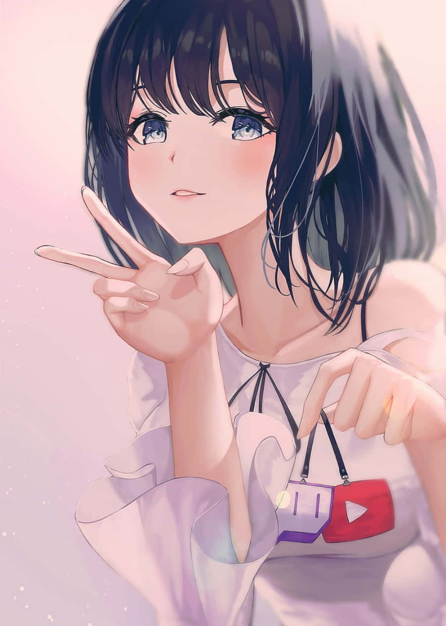 Girly Cute Anime, peace sign, YouTube-themed bag, SD Phone Wallpaper