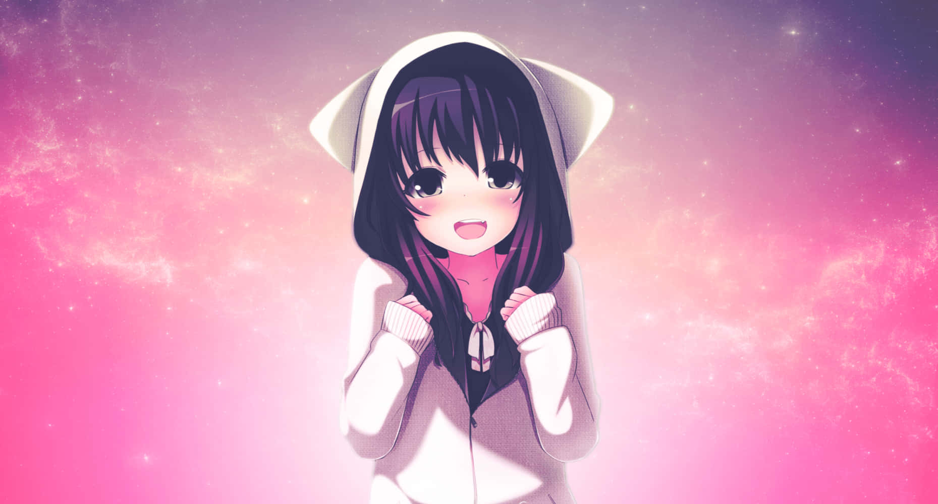 girly cute anime, white hoodie, pink and purple starry sky, HD Desktop Wallpaper