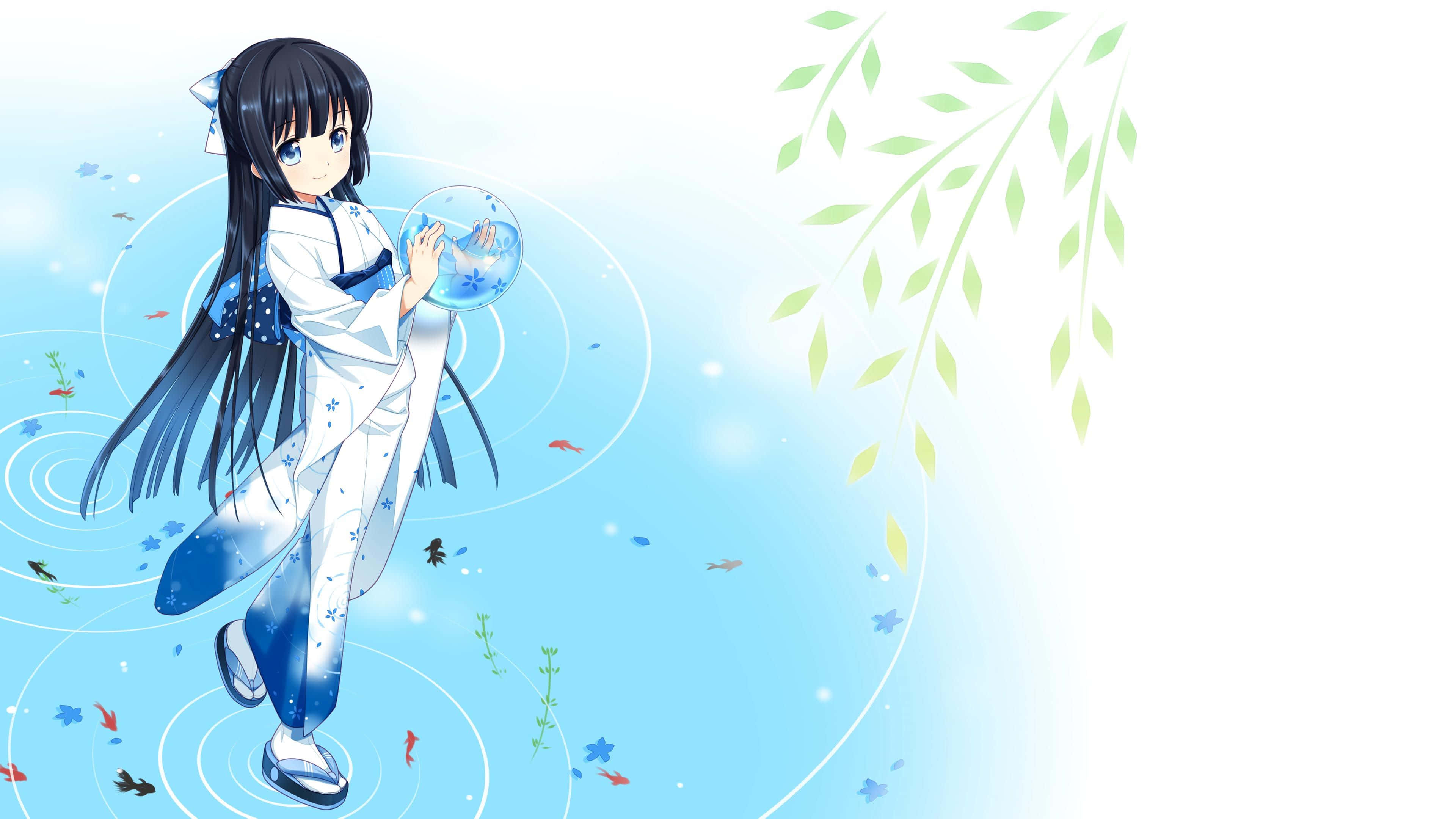 Girly Cute Anime, white kimono, glass sphere with fish, 4K Desktop Wallpaper