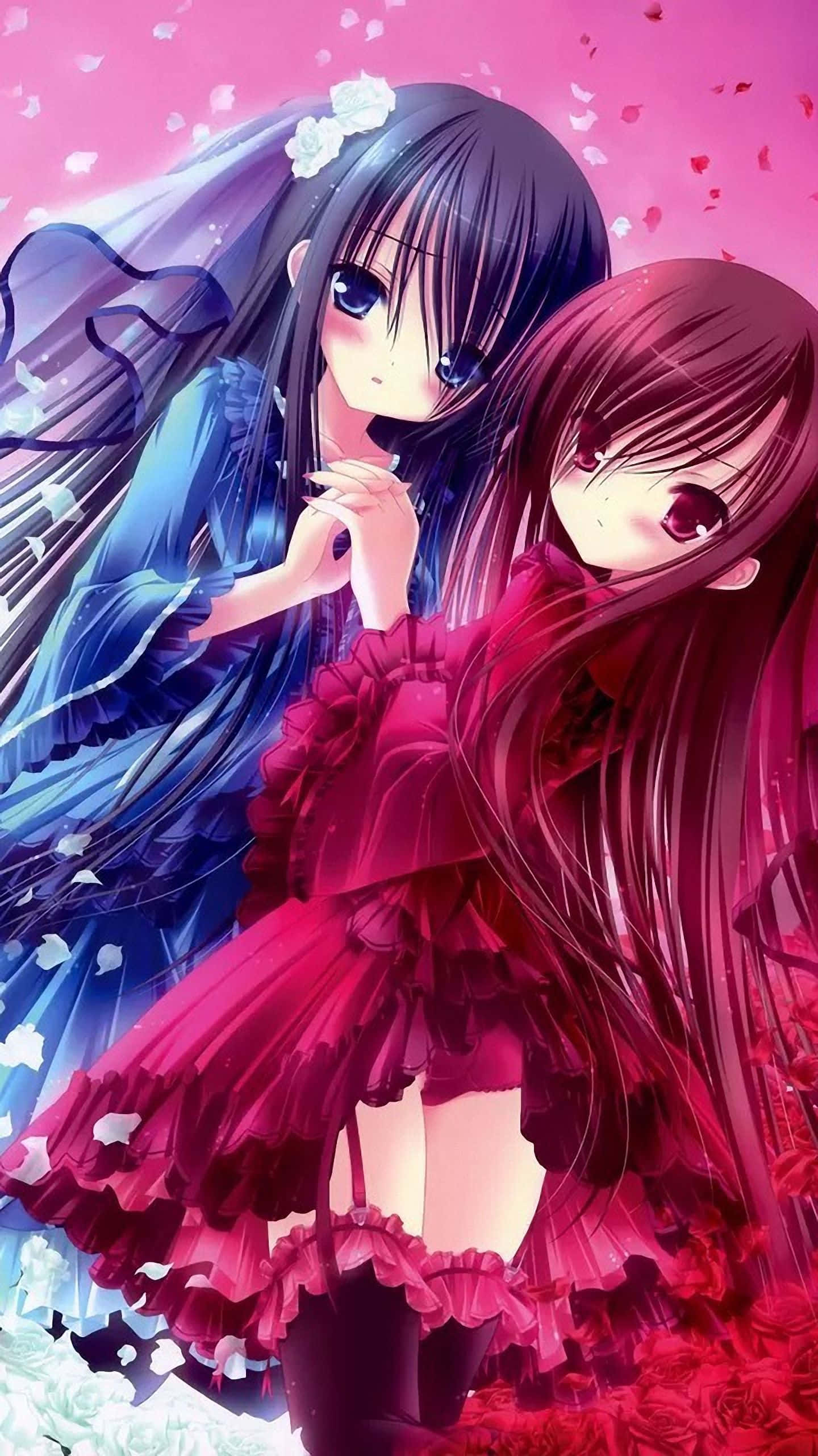 girly cute anime, blue frilly dress, red frilly dress, 2K Phone Wallpaper