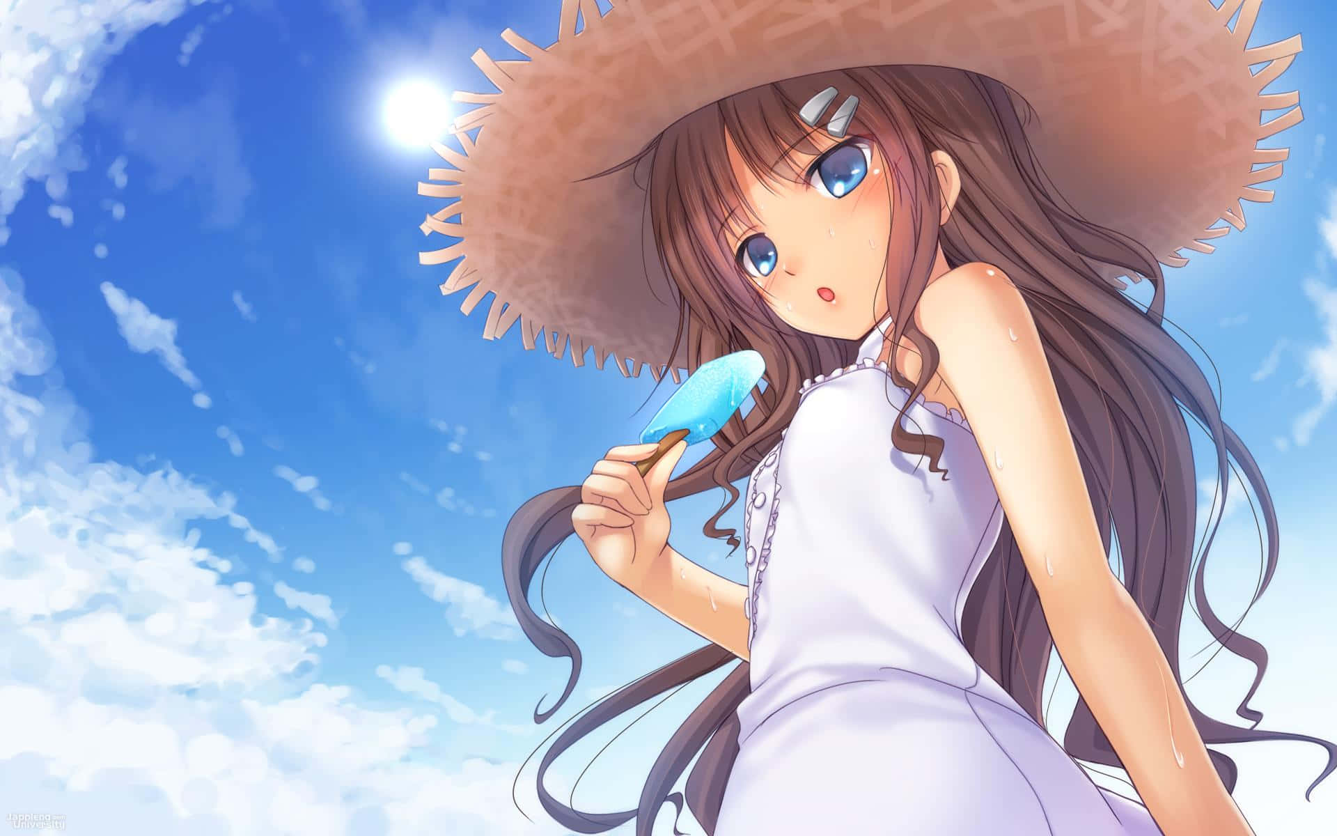 Girly Cute Anime, straw hat, white dress, Full HD Desktop Wallpaper