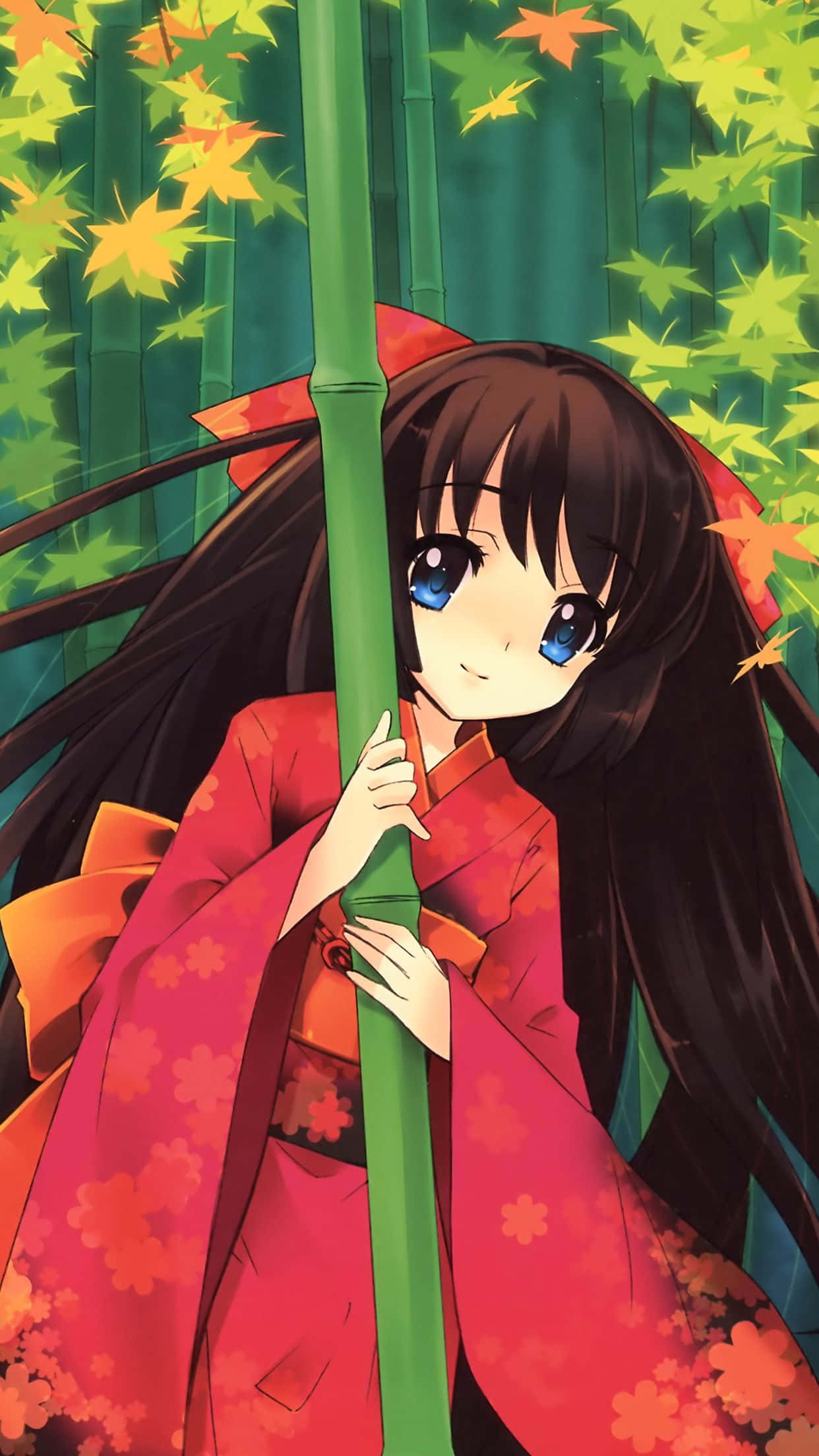 Girly Cute Anime, red kimono, bamboo stalk, Full HD Phone Wallpaper