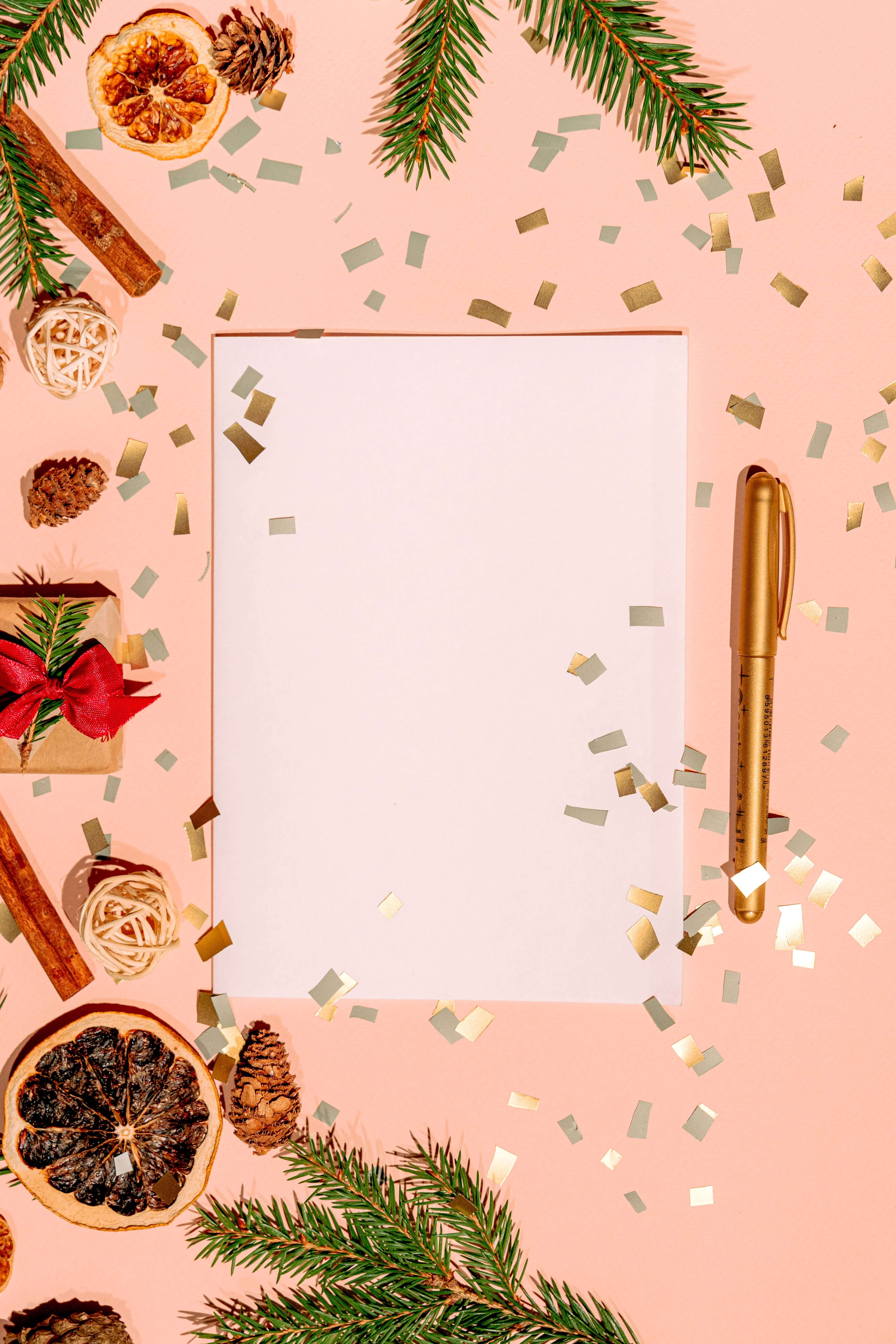 pink surface, festive pine branches, dried citrus slices, 5K Phone Wallpaper