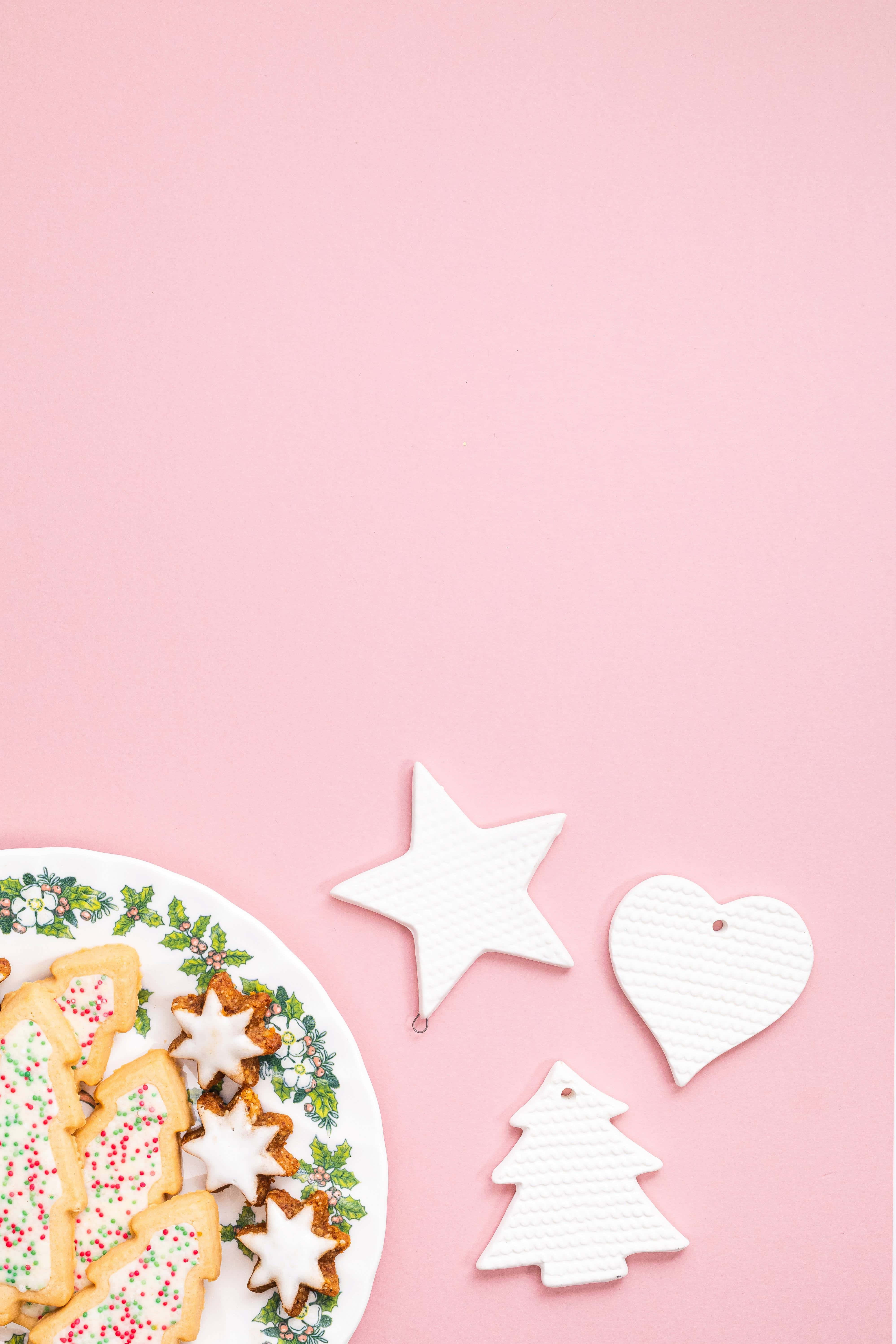 Girly Christmas Cookiesand Decorationson Pink, pink background, festive sprinkled cookies, 5K Phone Wallpaper