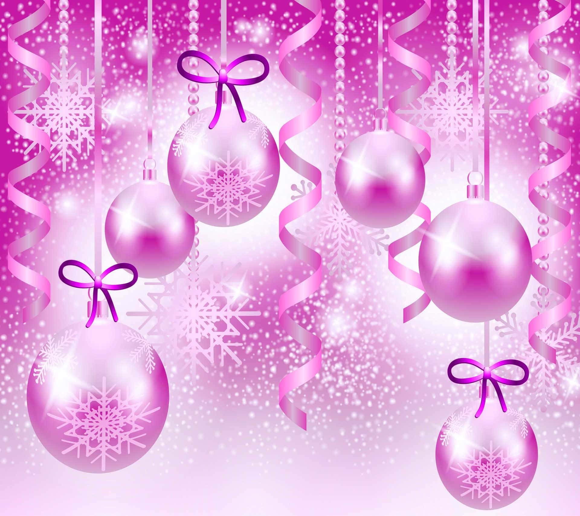 pink Christmas ornaments, snowflake patterns, swirling ribbons, Full HD Desktop Wallpaper