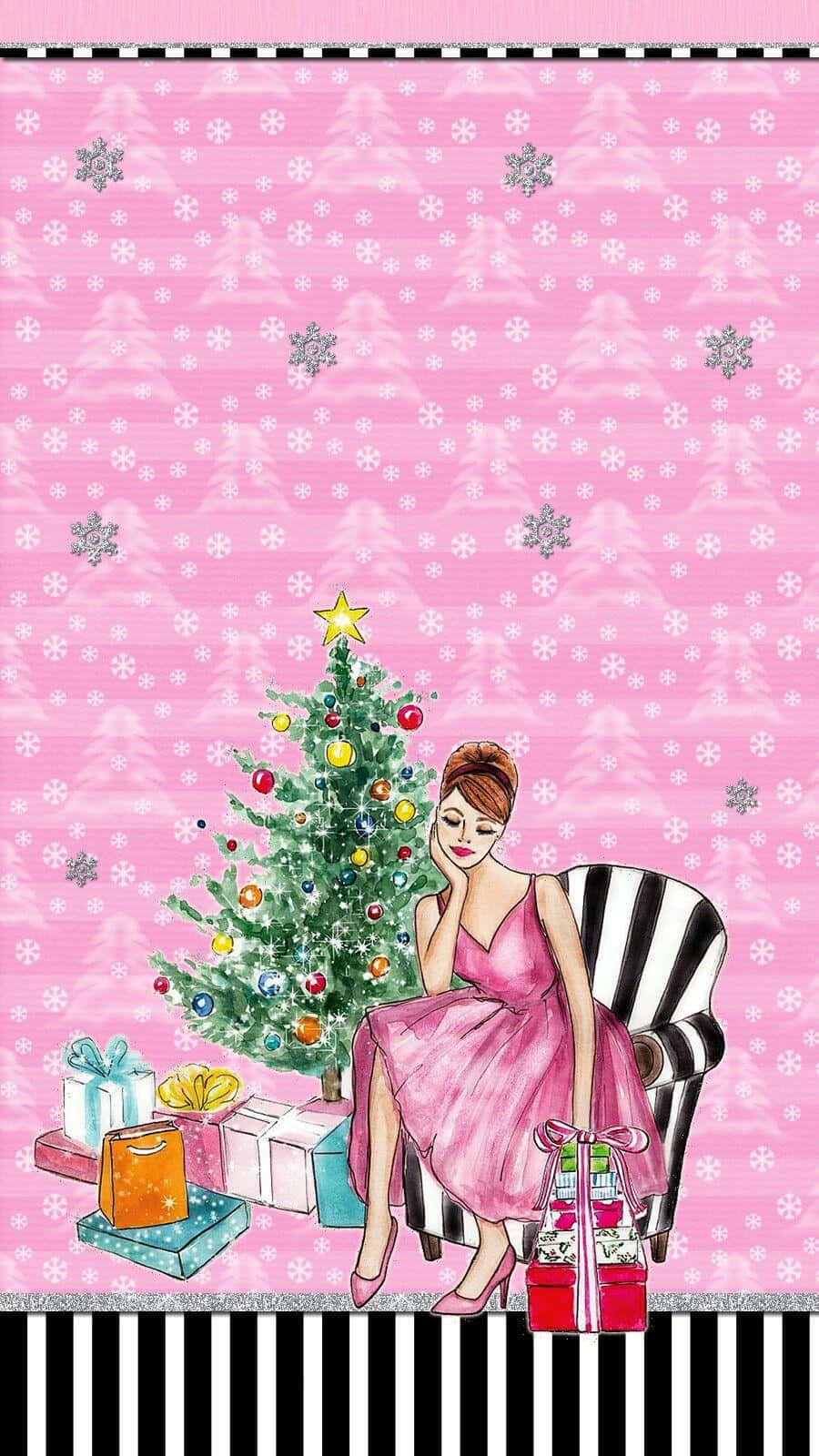 Girly Christmas Fashion Illustration, pink dress, Christmas tree, HD Phone Wallpaper