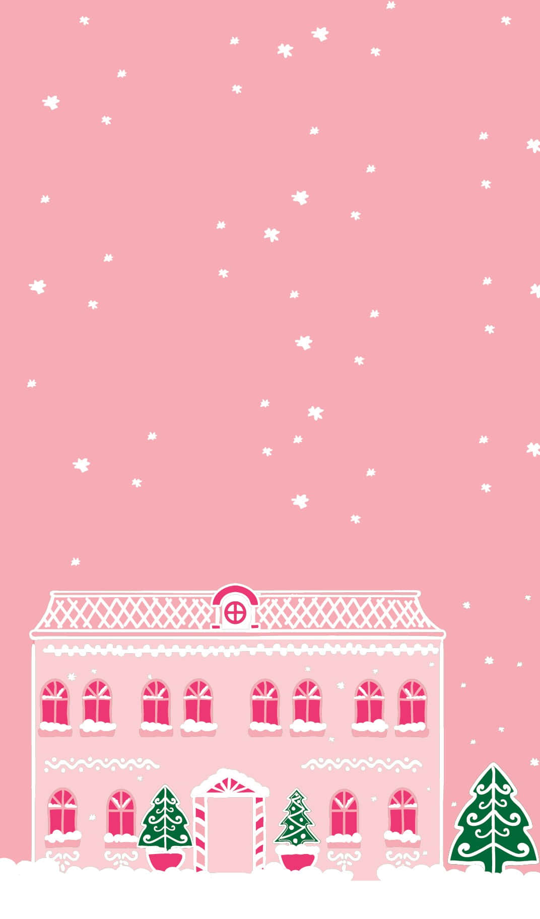 pink gingerbread-style house, green trees, falling snowflakes, HD Phone Wallpaper