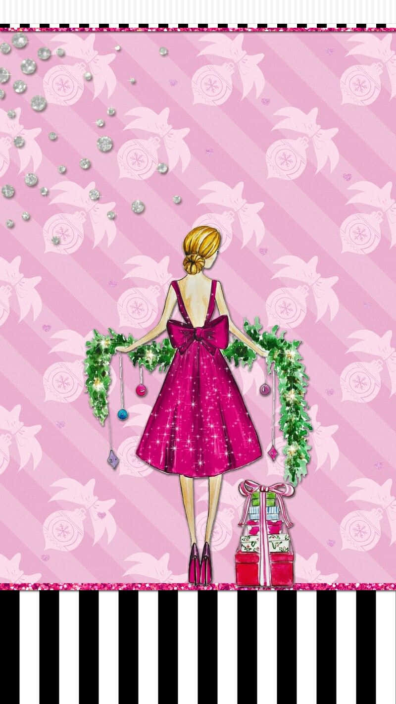 sparkling pink dress, festive garlands, pink patterned background, HD Phone Wallpaper