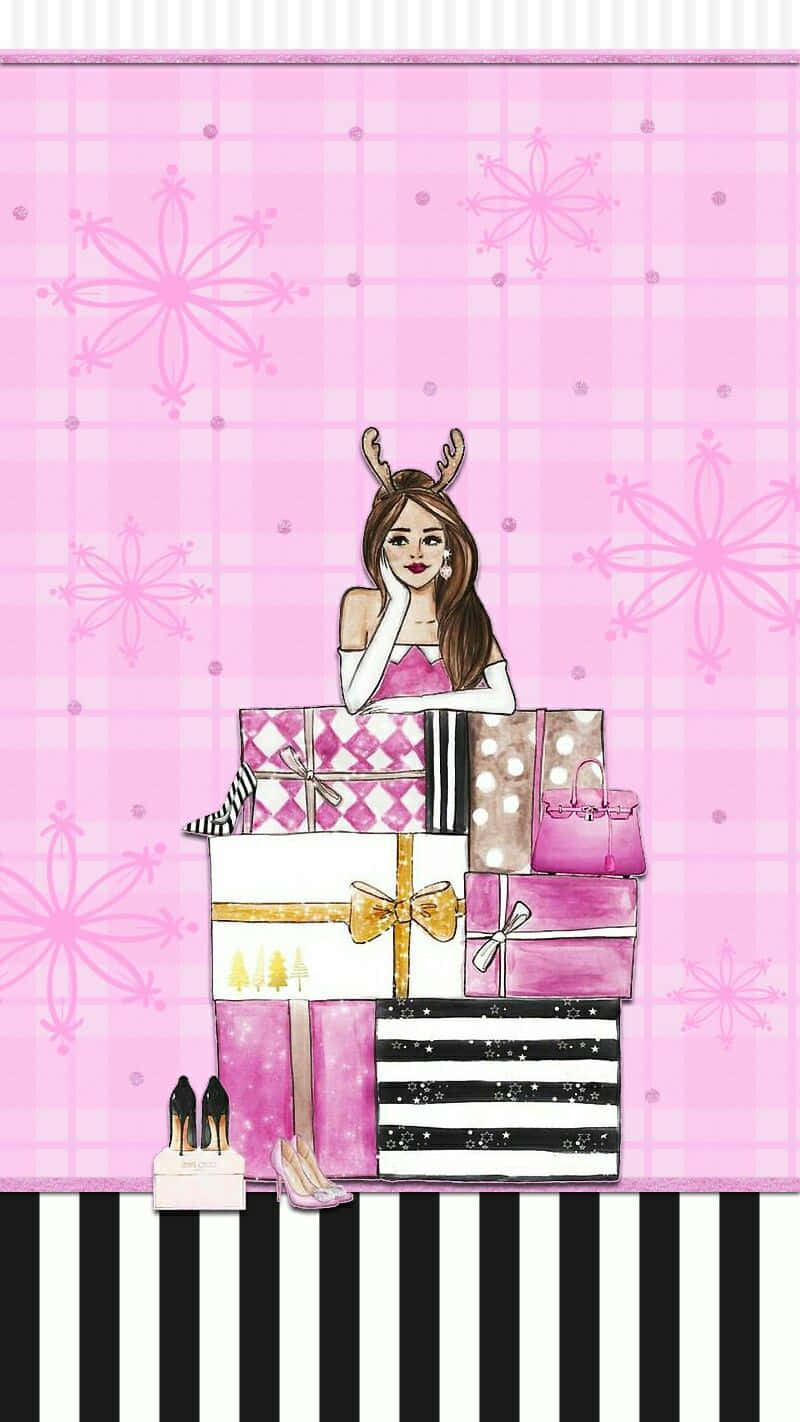 cartoon girl with deer antlers, pink and black patterned gift boxes, pink plaid background, HD Phone Wallpaper