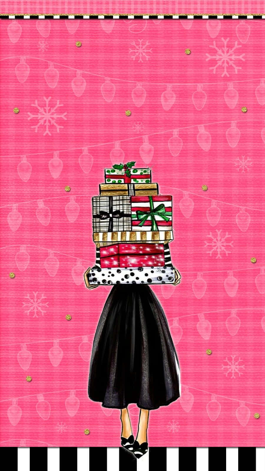 black dress, towering stack of colorful wrapped gifts, vibrant pink background, HD Phone Wallpaper