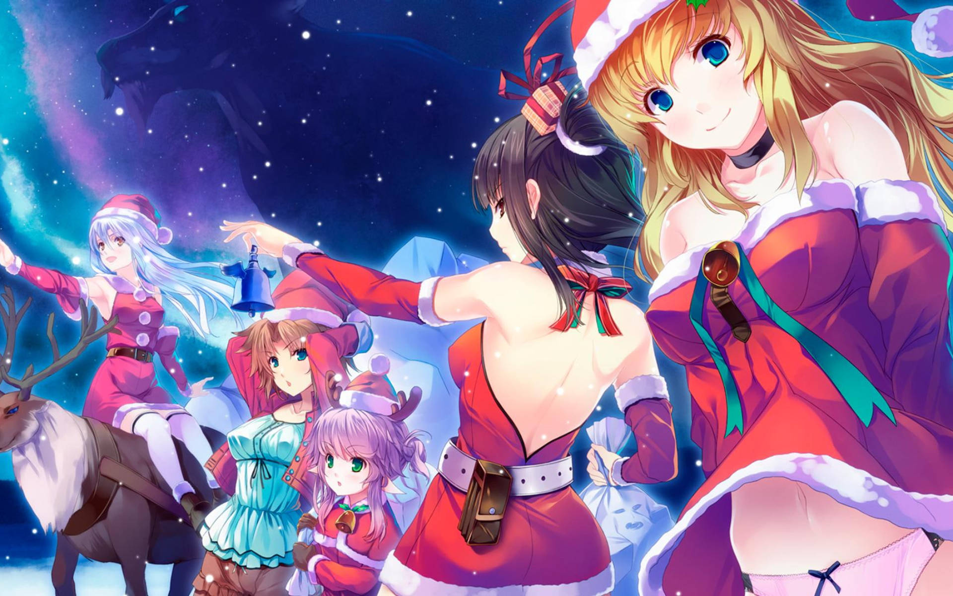 Anime Christmas Santa Manga Girl, Santa outfits, starry cosmic sky, Full HD Desktop Wallpaper