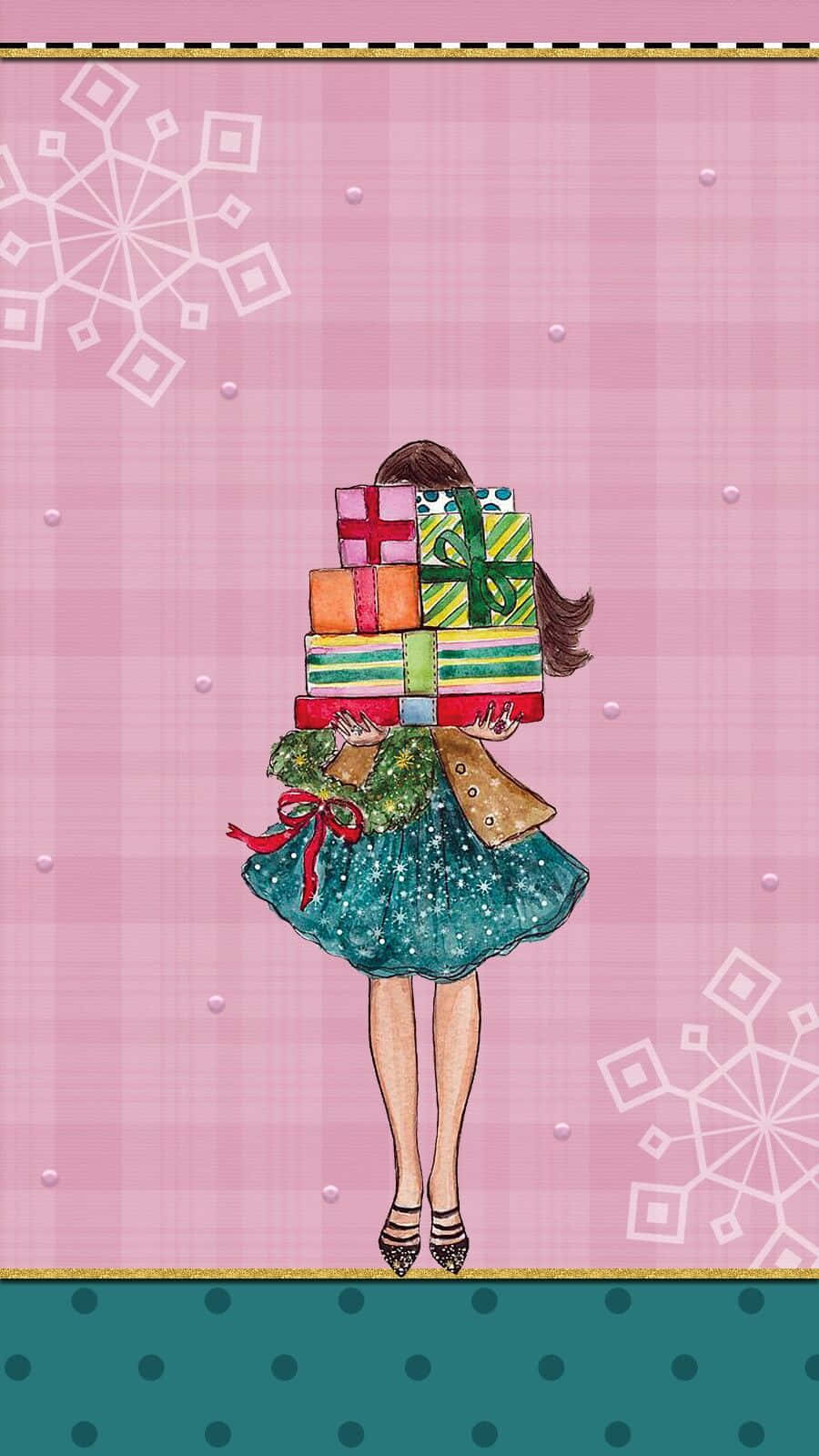 teal dress, towering stack of colorful wrapped gifts, pink plaid background, HD Phone Wallpaper