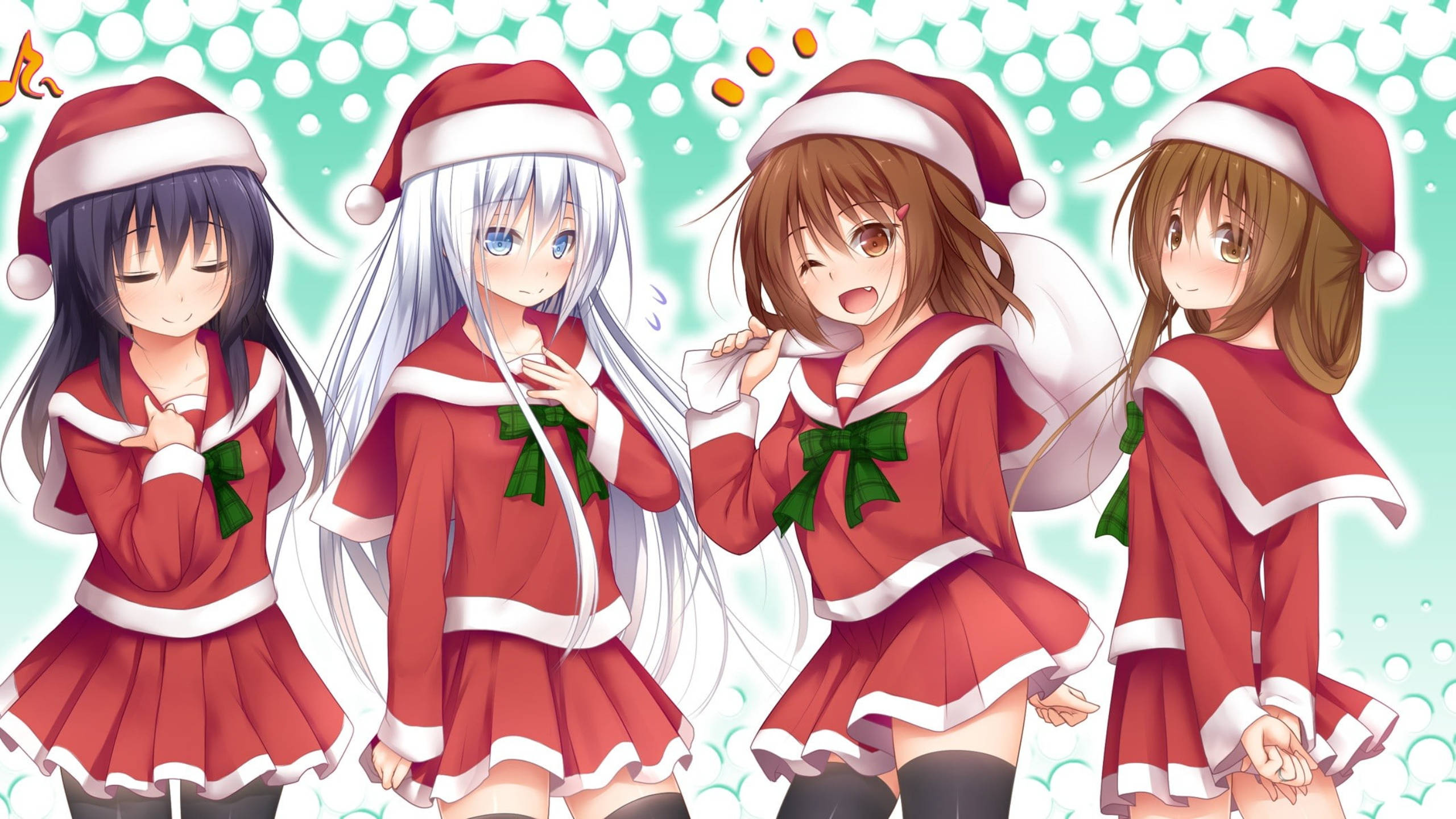 anime girls, red Santa outfits, green bows, 2K Desktop Wallpaper