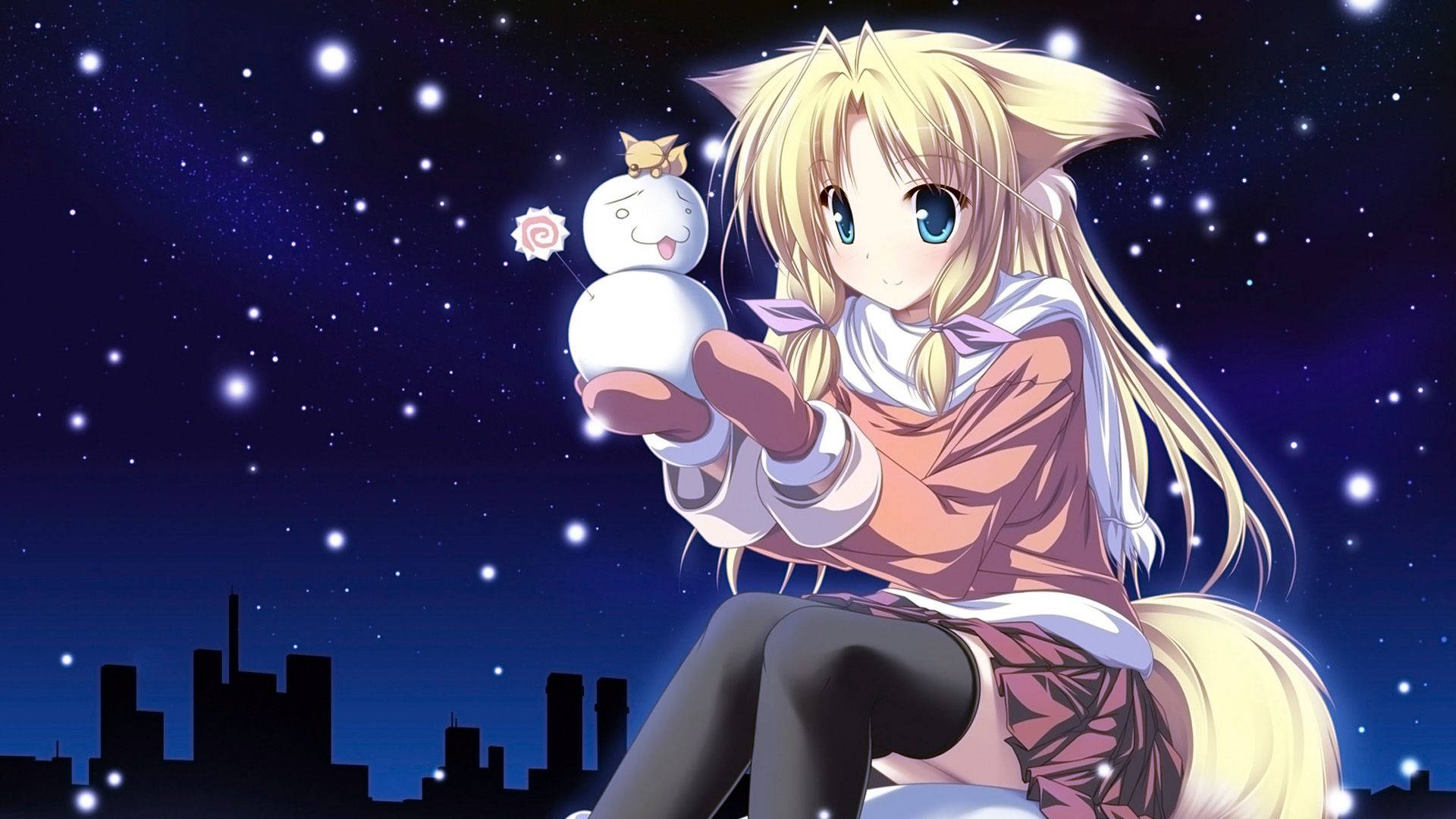 Kawaii Christmas Anime Girl, blonde anime girl, fox ears, Full HD Desktop Wallpaper
