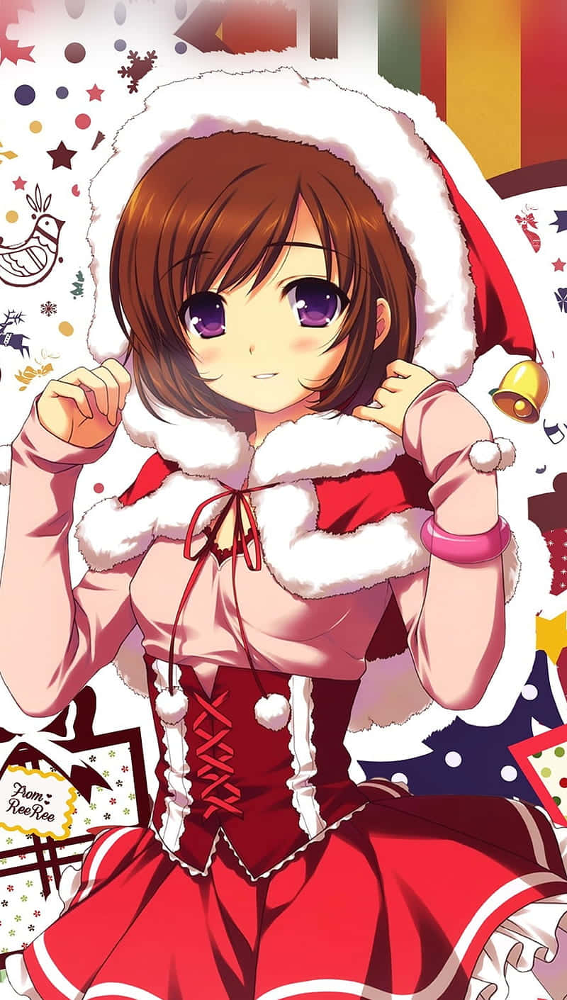 short haired girl, festive red and white Santa outfit, colorful holiday patterned background, HD Phone Wallpaper