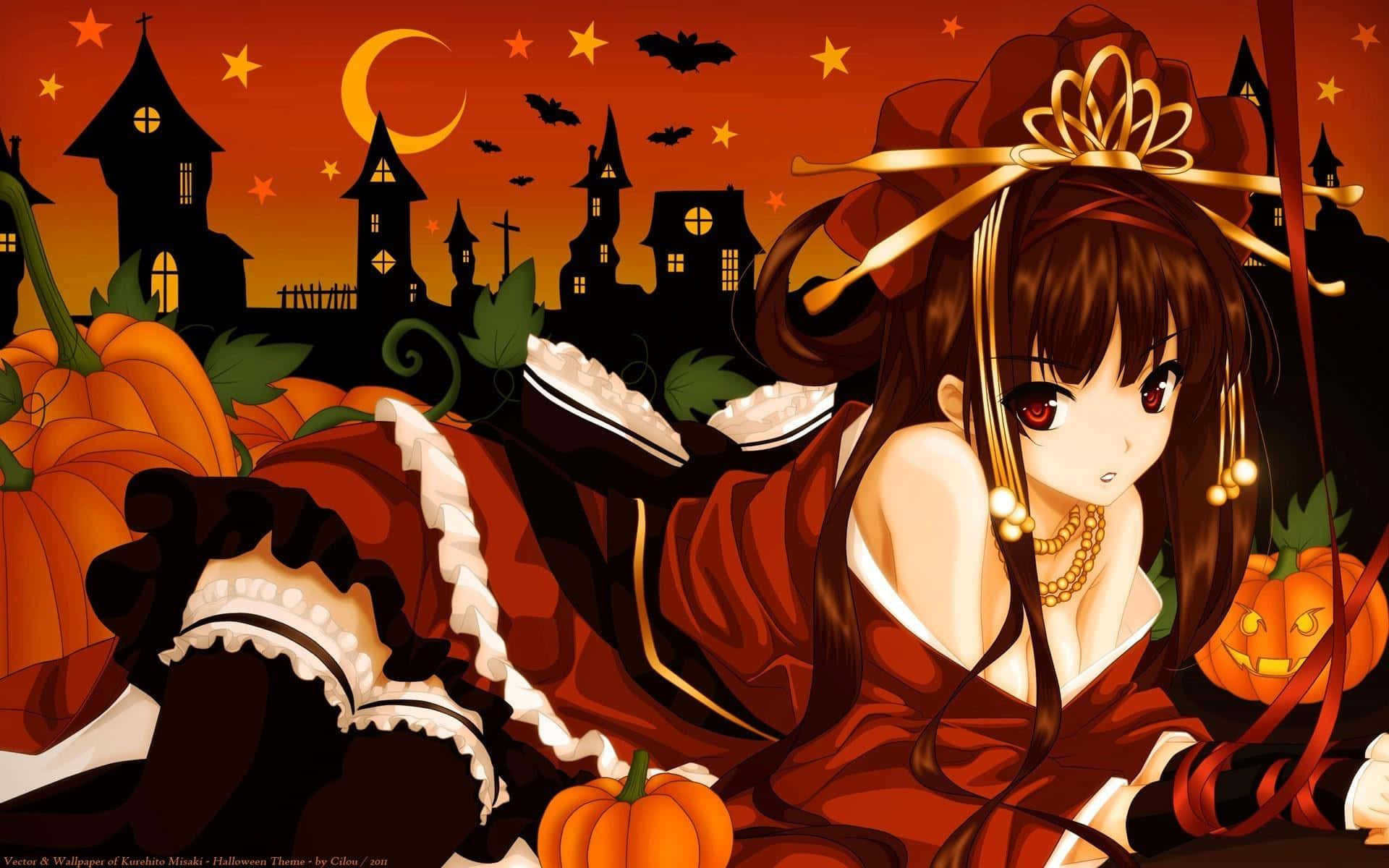 Halloween anime girl, red Halloween dress, crescent moon, Full HD Desktop Wallpaper
