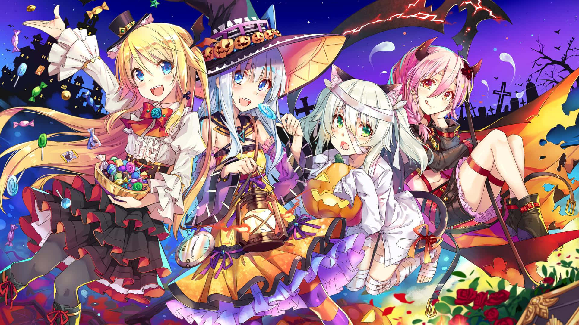 Halloween anime girl, four cheerful anime girls, Halloween costumes, Full HD Desktop Wallpaper