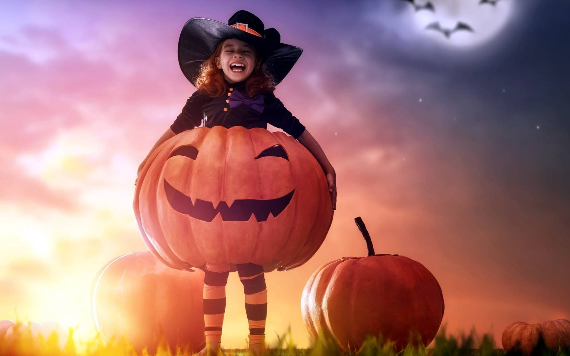 witch costume, giant carved pumpkin, twilight sky, HD Desktop Wallpaper