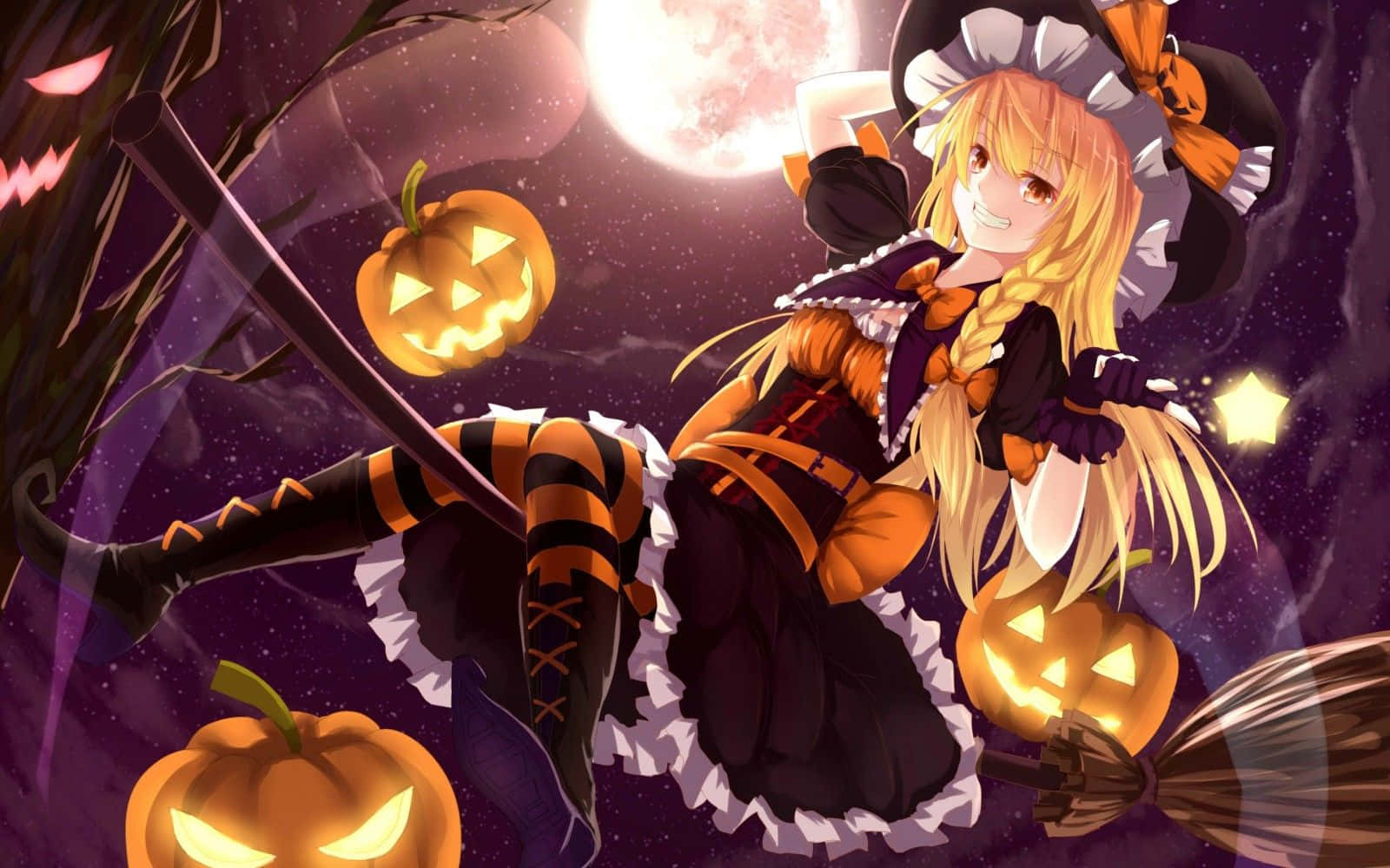 anime witch, blonde braids, broomstick, HD Desktop Wallpaper