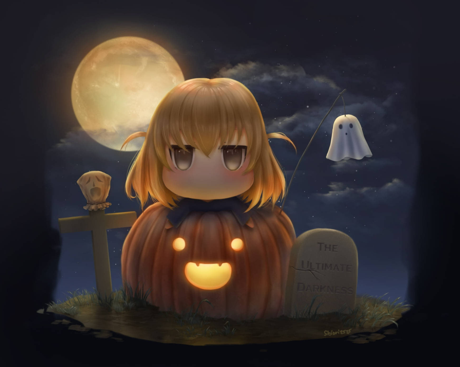 chibi anime girl, blonde hair, glowing jack-o-lantern, Full HD Desktop Wallpaper