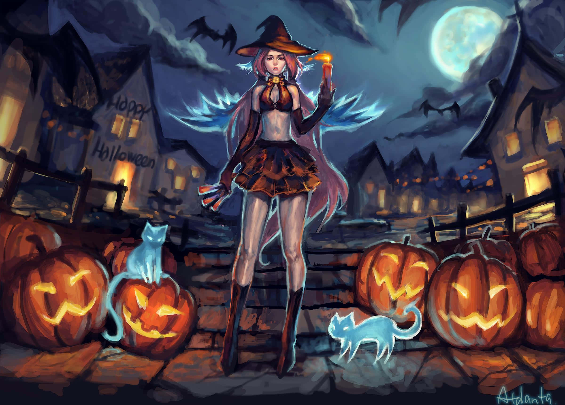 Halloween anime girl, glowing witch, pink hair, Full HD Desktop Wallpaper