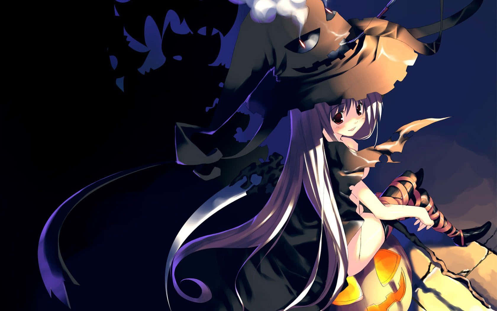 anime witch, silver hair, pumpkin hat, HD Desktop Wallpaper