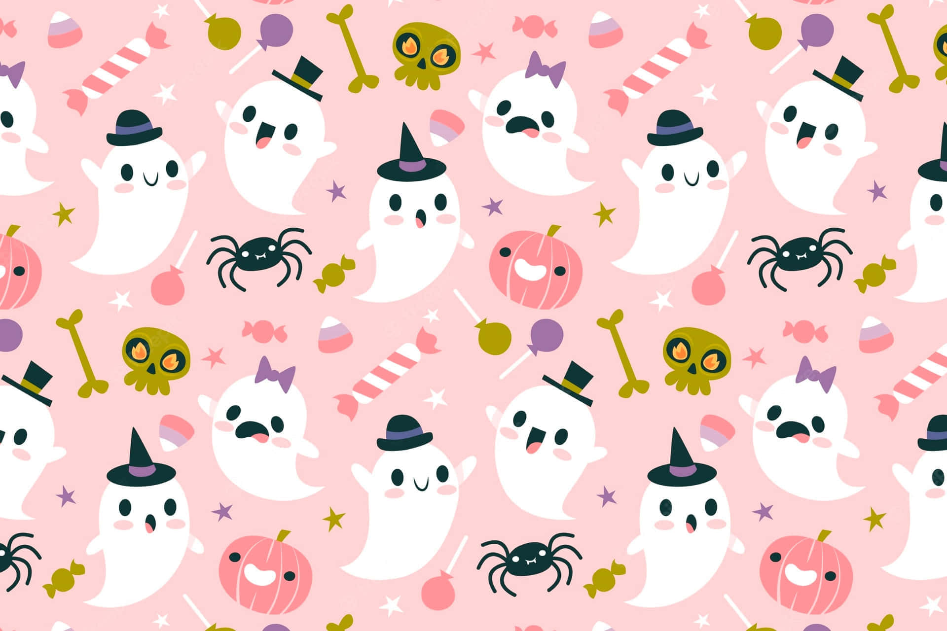 cute cartoon ghosts, pumpkins, spiders, Full HD Desktop Wallpaper