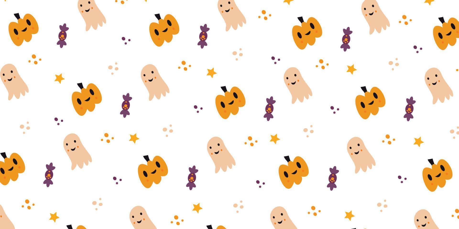 Girly Cute Halloween, smiling orange pumpkins, ghosts, Full HD Desktop Wallpaper