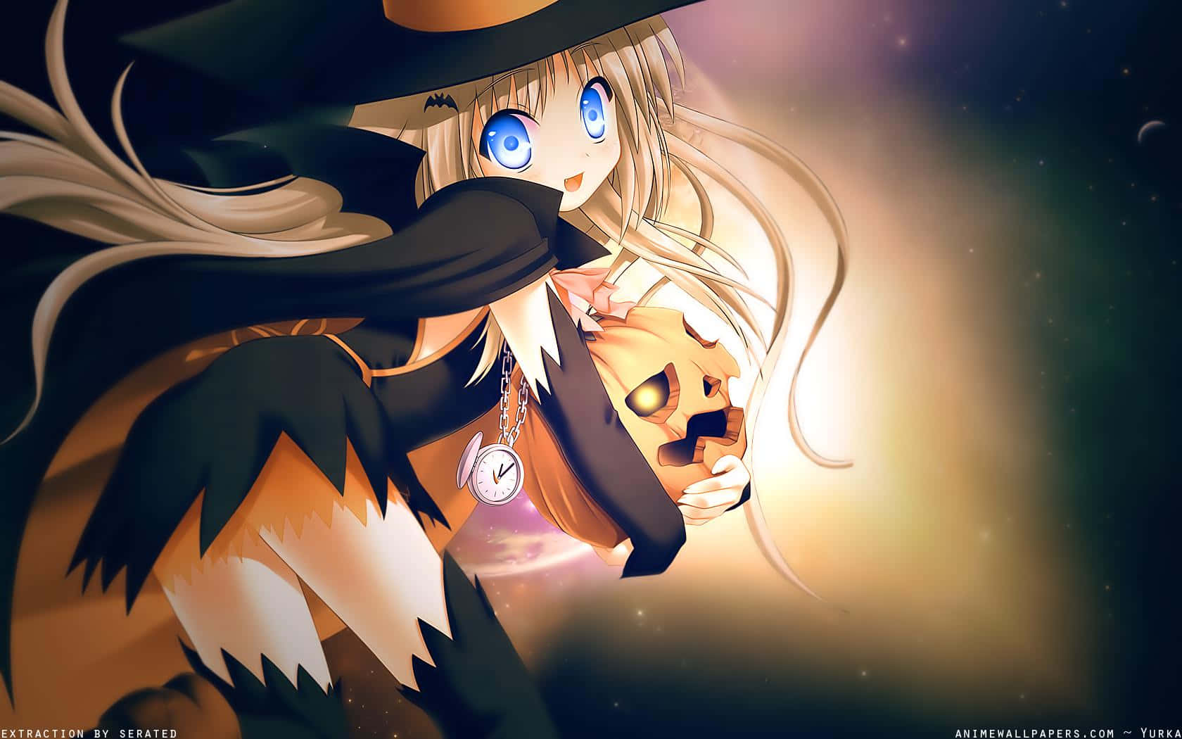anime witch, blonde hair, blue eyes, HD Desktop Wallpaper