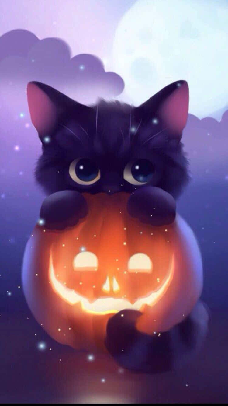 cute black cat, jack o lantern, full moon, HD Phone Wallpaper