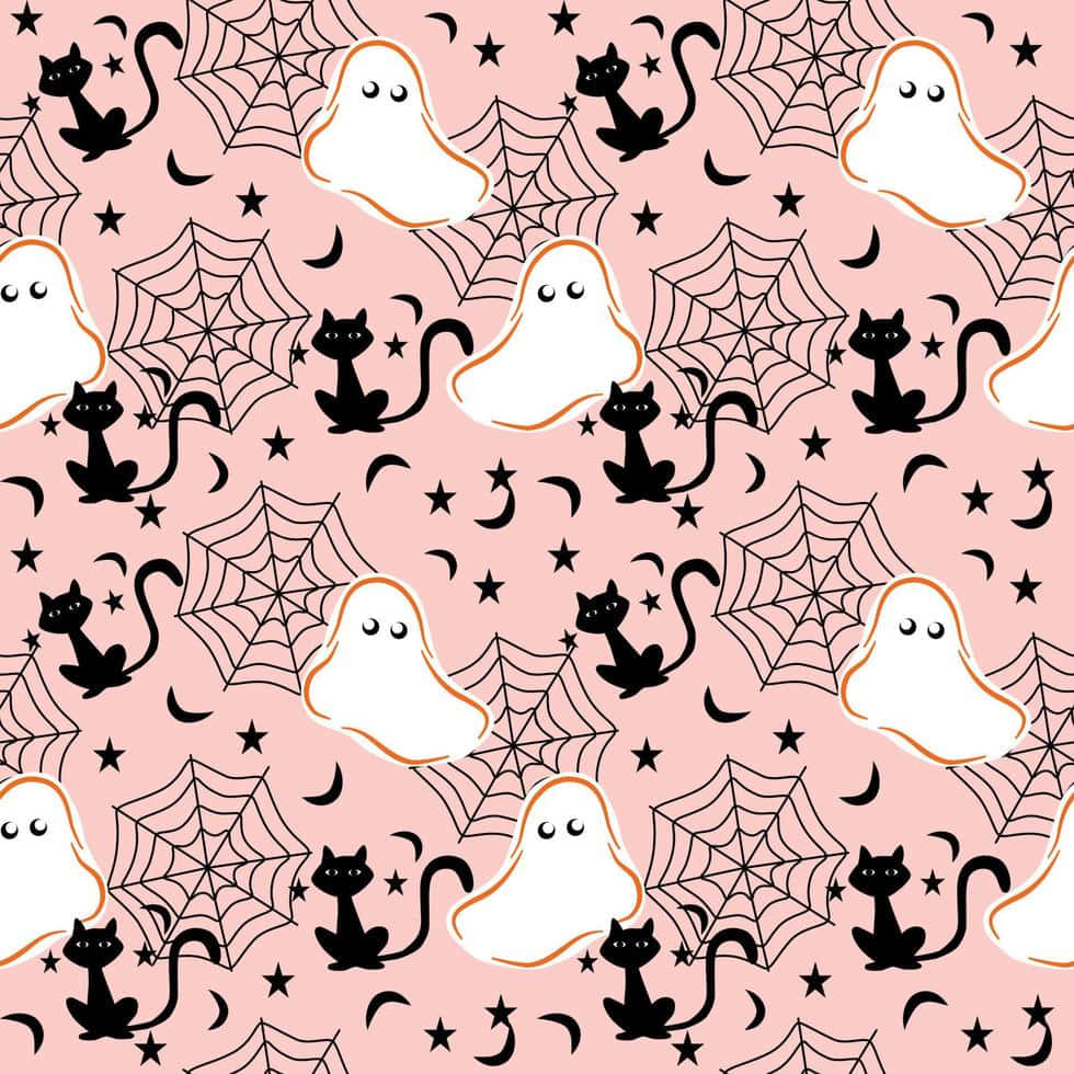 pink wallpaper, repeating white ghosts, black cats, SD Desktop Wallpaper