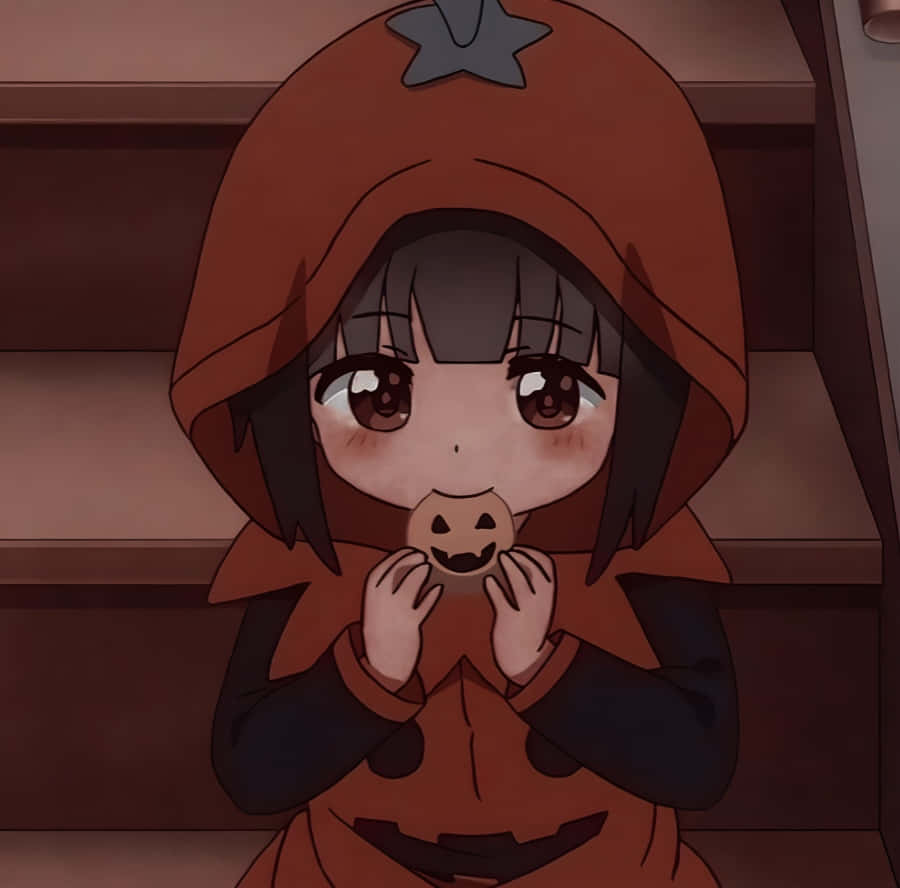 cute anime girl, pumpkin costume, stairs, SD Desktop Wallpaper