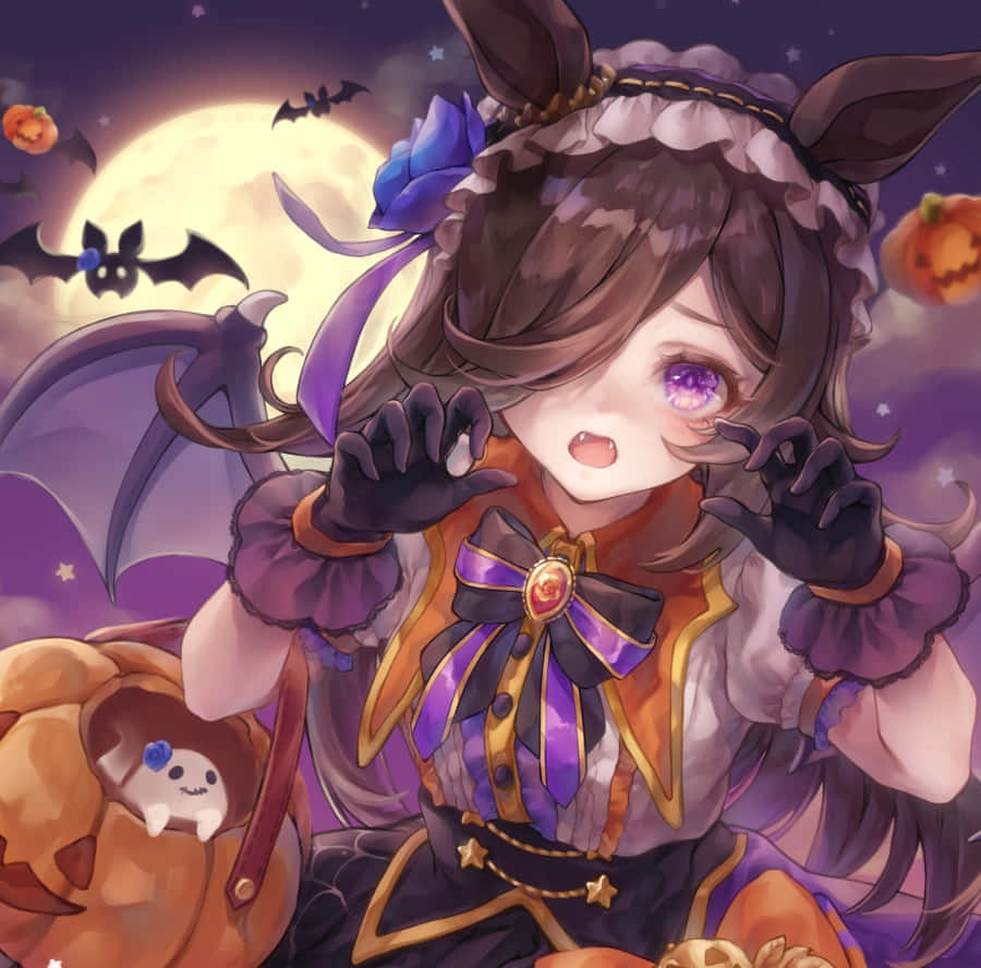 Halloween anime girl, bunny ears, purple eyes, SD Desktop Wallpaper