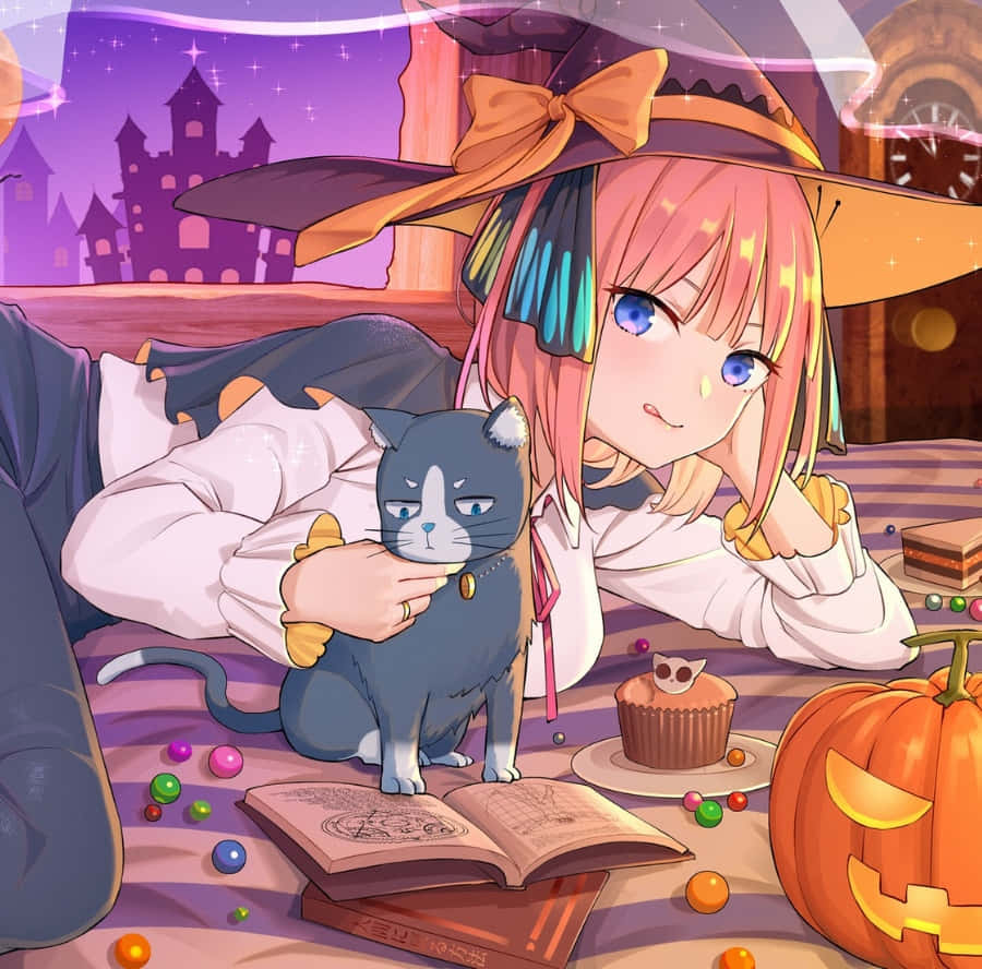 pink-haired witch, large hat, grumpy blue cat, SD Desktop Wallpaper