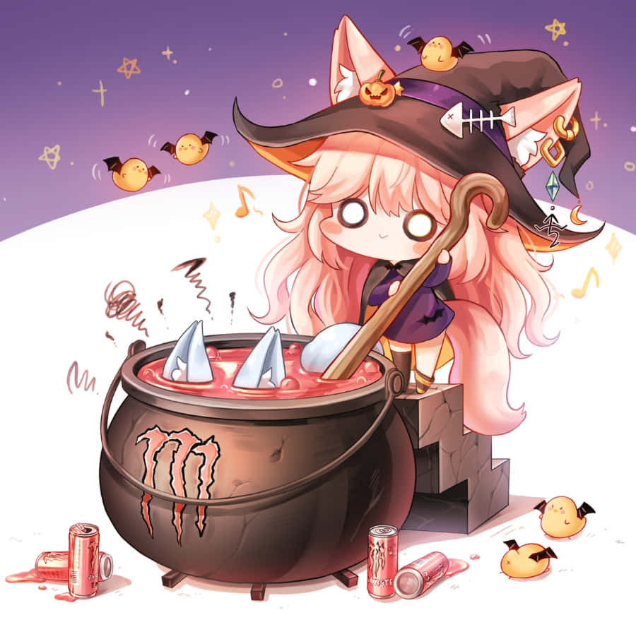 chibi witch, pink hair, decorated hat, SD Desktop Wallpaper